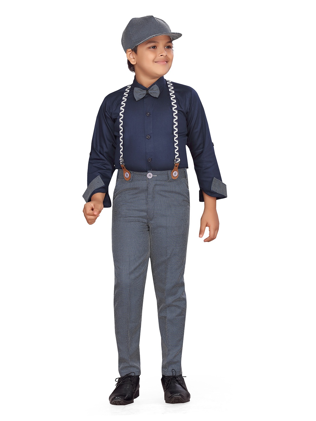 

Aj DEZInES Boys Navy Blue & White Solid Shirt with Trousers, Cap, Bow Tie & Suspender