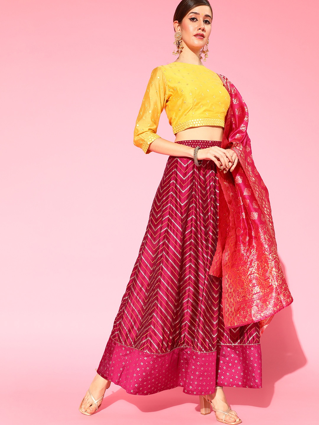 

Anouk Women Pink & Yellow Embellished Ready to Wear Lehenga & Blouse With Dupatta