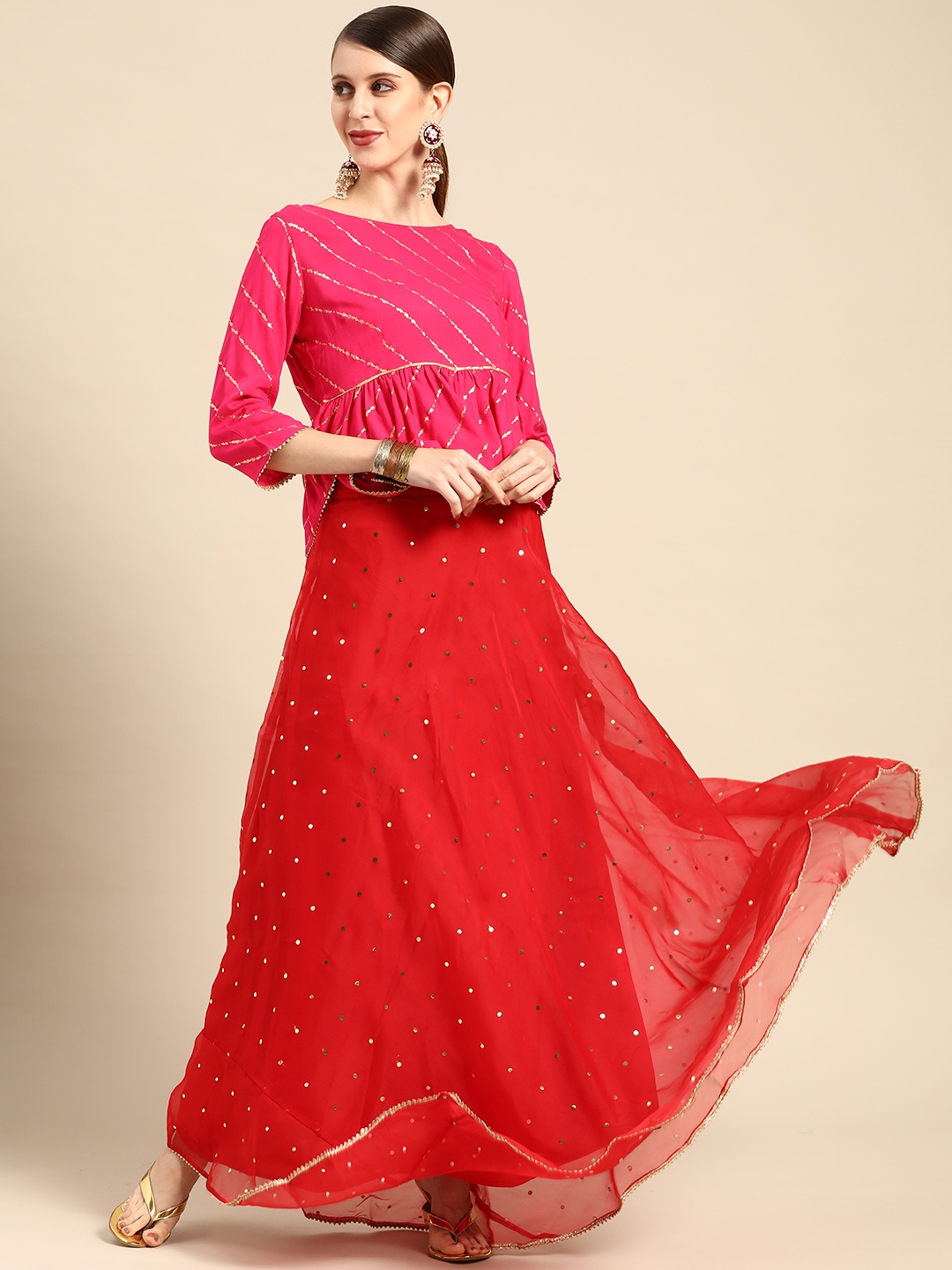 

Anouk Red & Pink Embellished Ready to Wear Lehenga & Choli