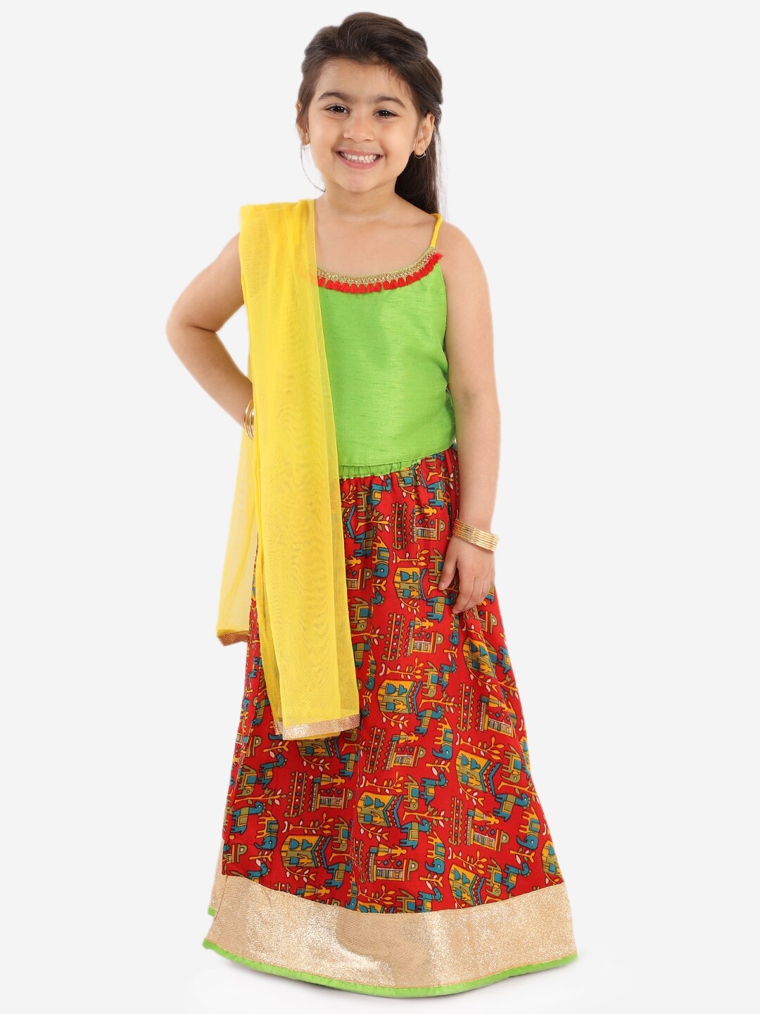 

KID1 Girls Green & Yellow Solid Ready to Wear Lehenga & Blouse with Dupatta