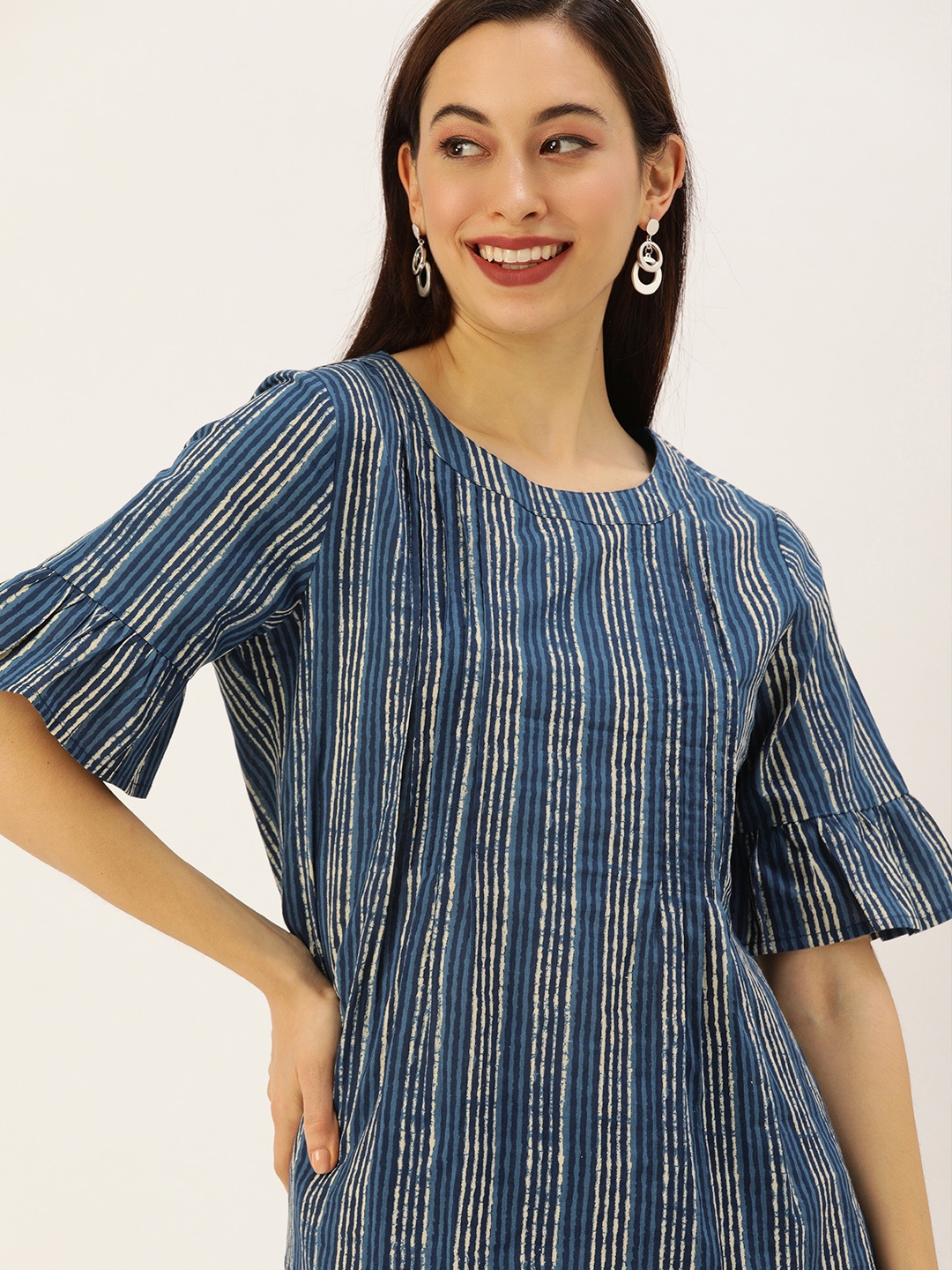 

Anouk Blue & Off White Striped Bell Sleeve A-Line Top