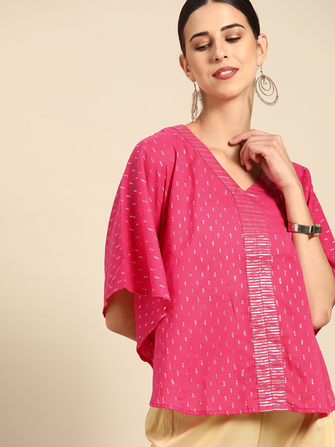 

Anouk Pink & Silver Geometric Woven Design Pure Cotton Regular Top