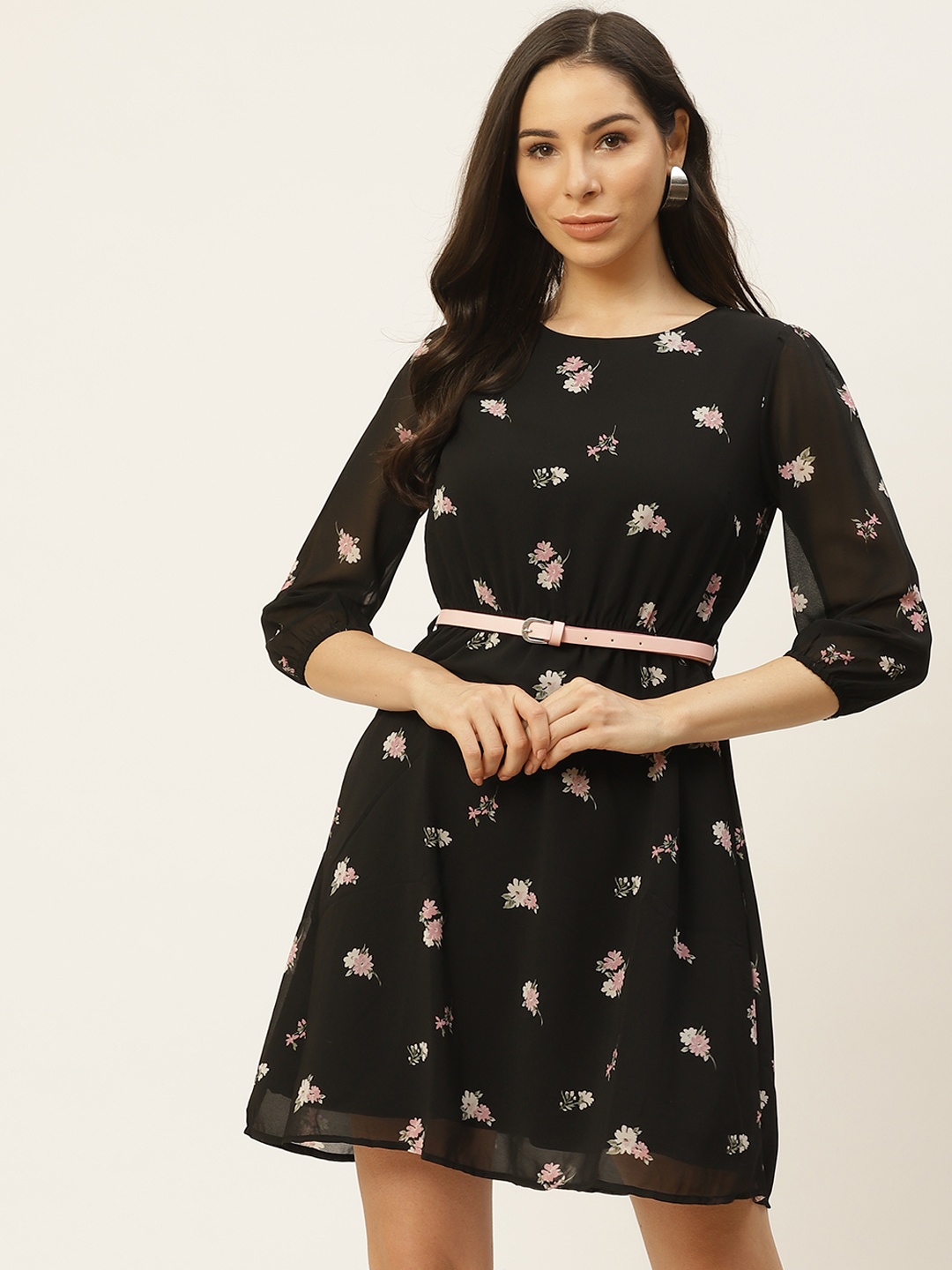

Flying Machine Black & Pink Floral A-Line Dress