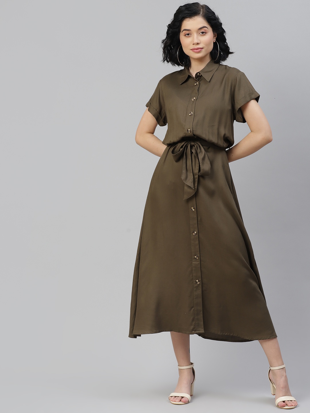 

Flying Machine Women Olive Green Solid Maxi Dress