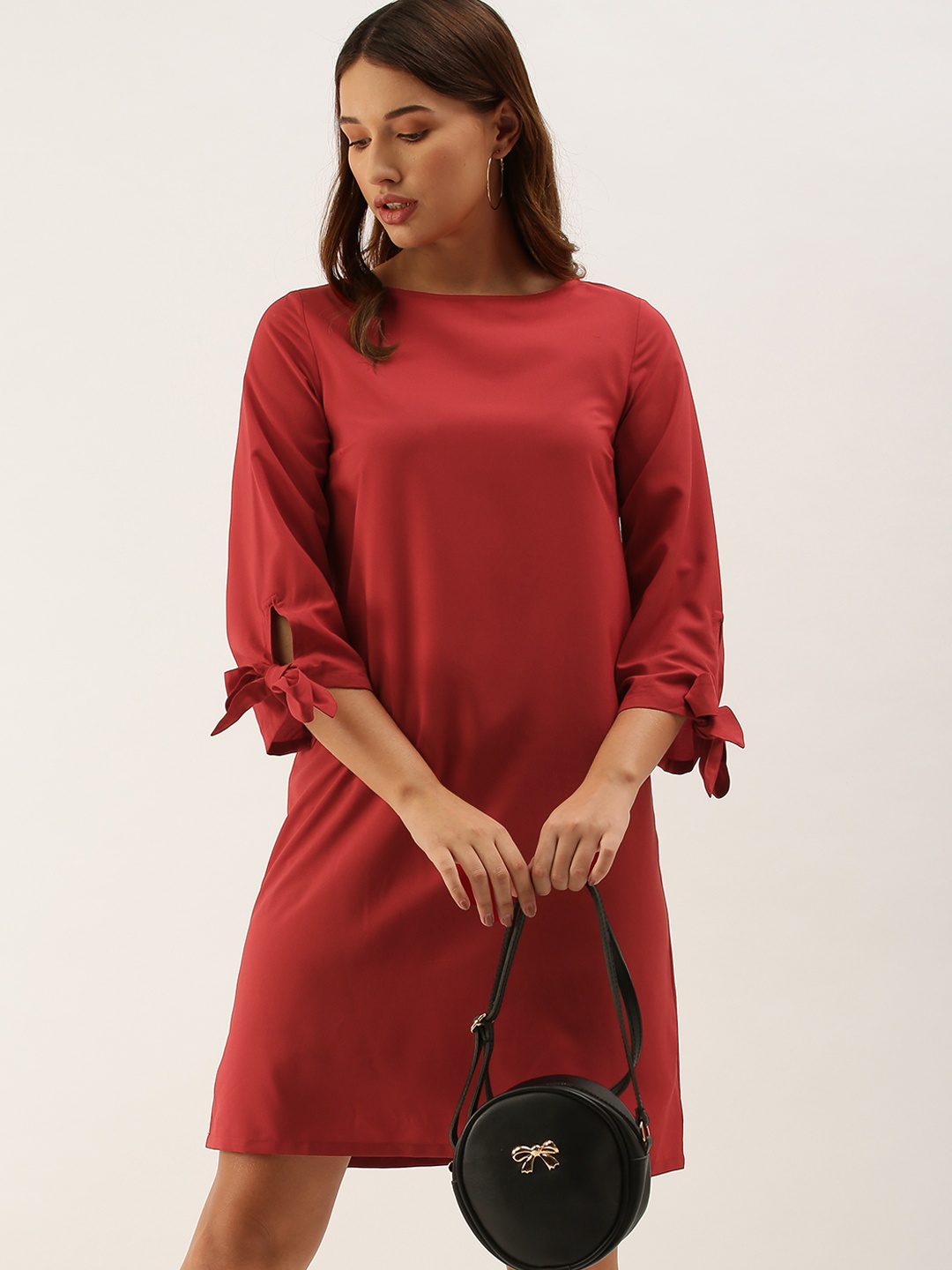 

Flying Machine Women Red Solid A-Line Dress With Tie-Up Sleeves