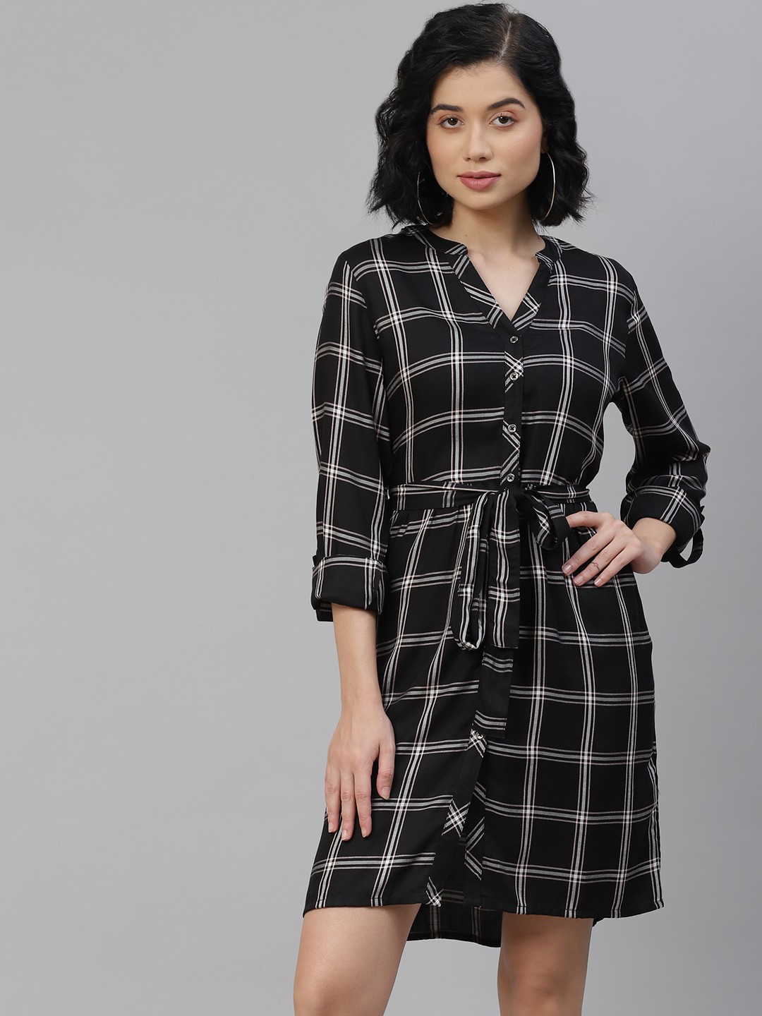 

Flying Machine Women Black & White Checked Shirt Dress