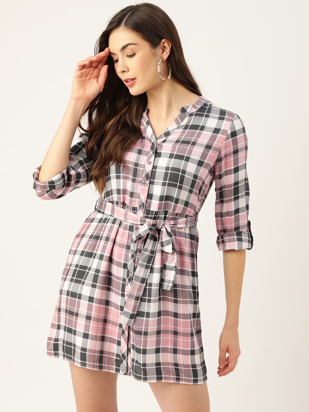 

Flying Machine Pink & Grey Checked Shirt Mini Dress