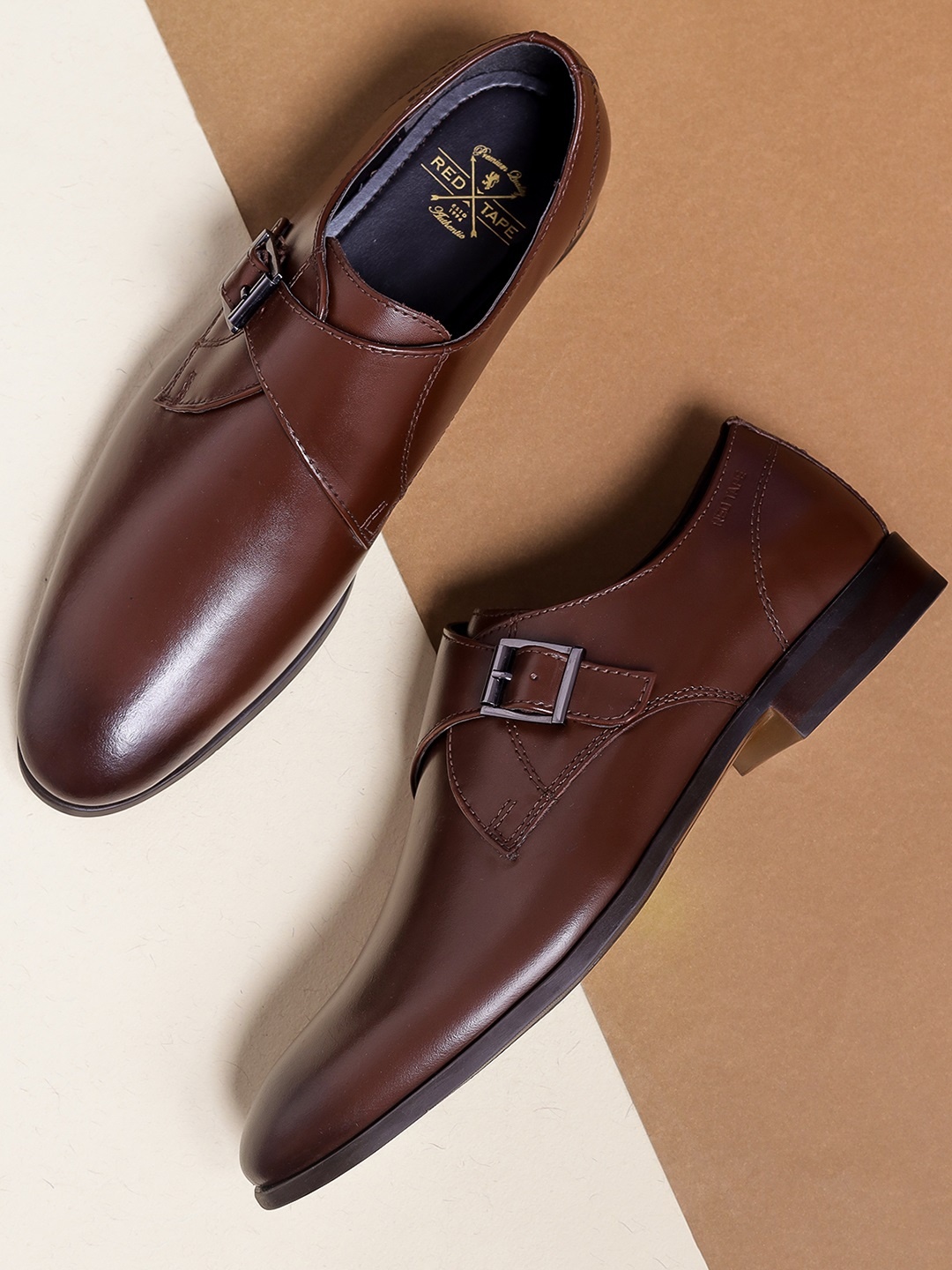 

Red Tape Men Brown Solid Leather Formal Monk Shoes