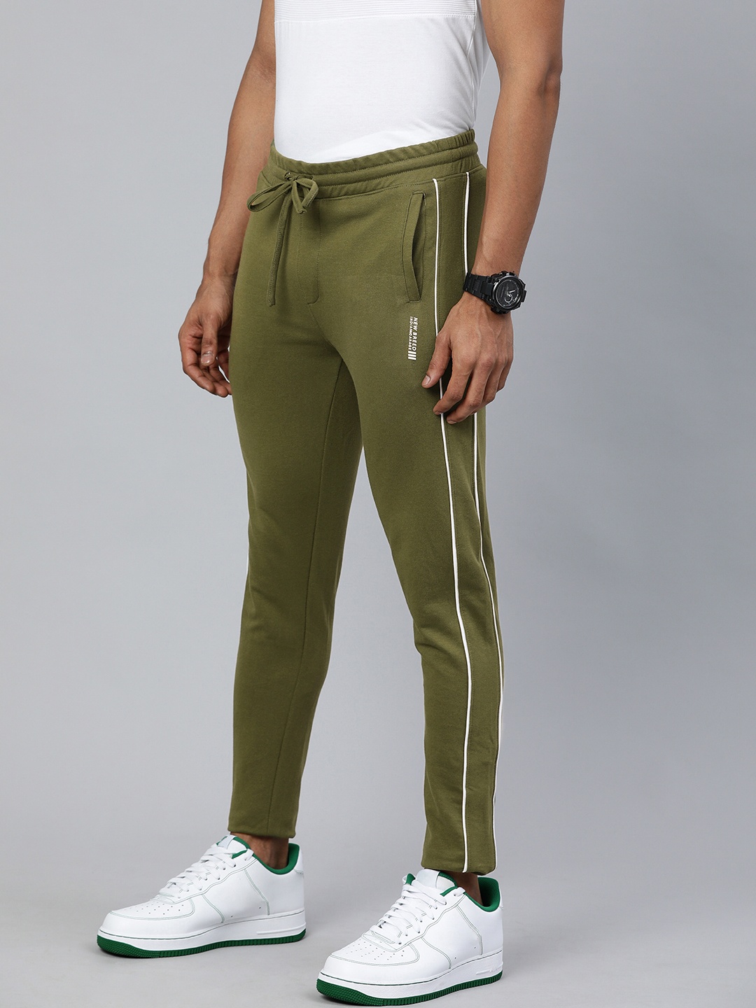 

The Indian Garage Co Men Olive Green Solid Regular Fit Track Pants With Side Piping