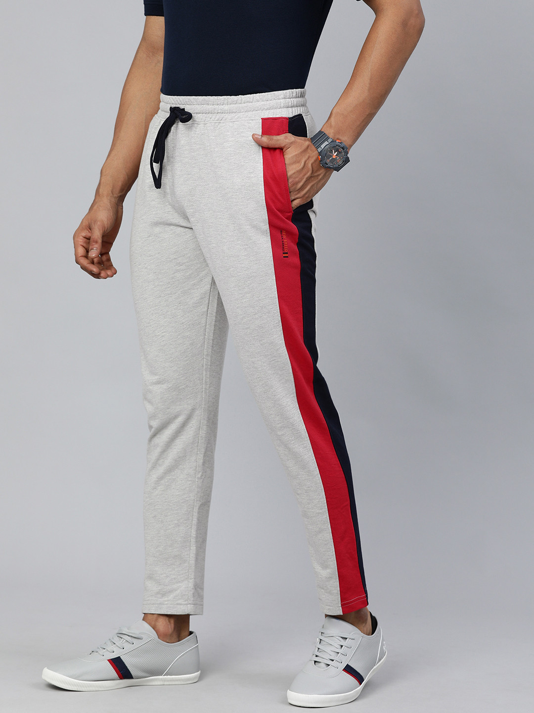 

The Indian Garage Co Men Grey Solid Slim-Fit Track Pants With Contrast Side Stripes, Grey melange