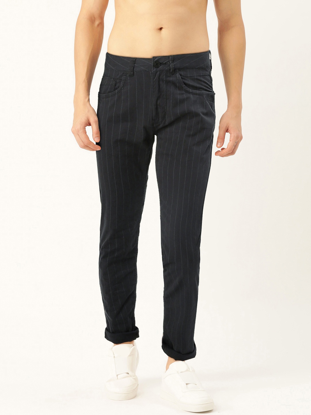 

Flying Machine Men Black Striped Slim Fit Trousers
