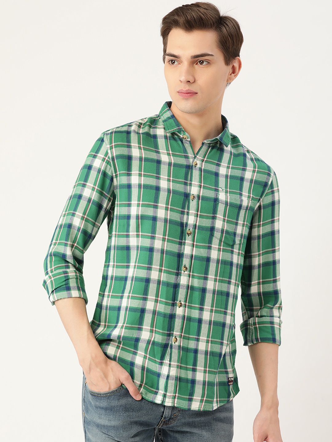 

Flying Machine Men Green & White Slim Fit Tartan Checks Lyocell Casual Shirt