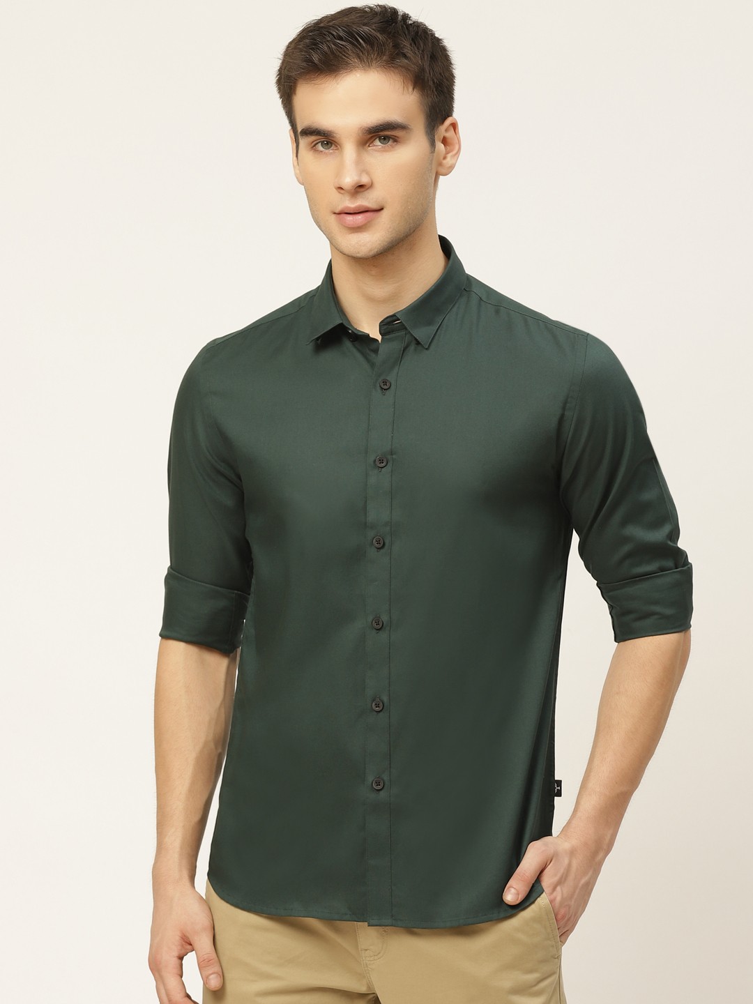 

Flying Machine Men Green Slim Fit Solid Pure Cotton Casual Shirt