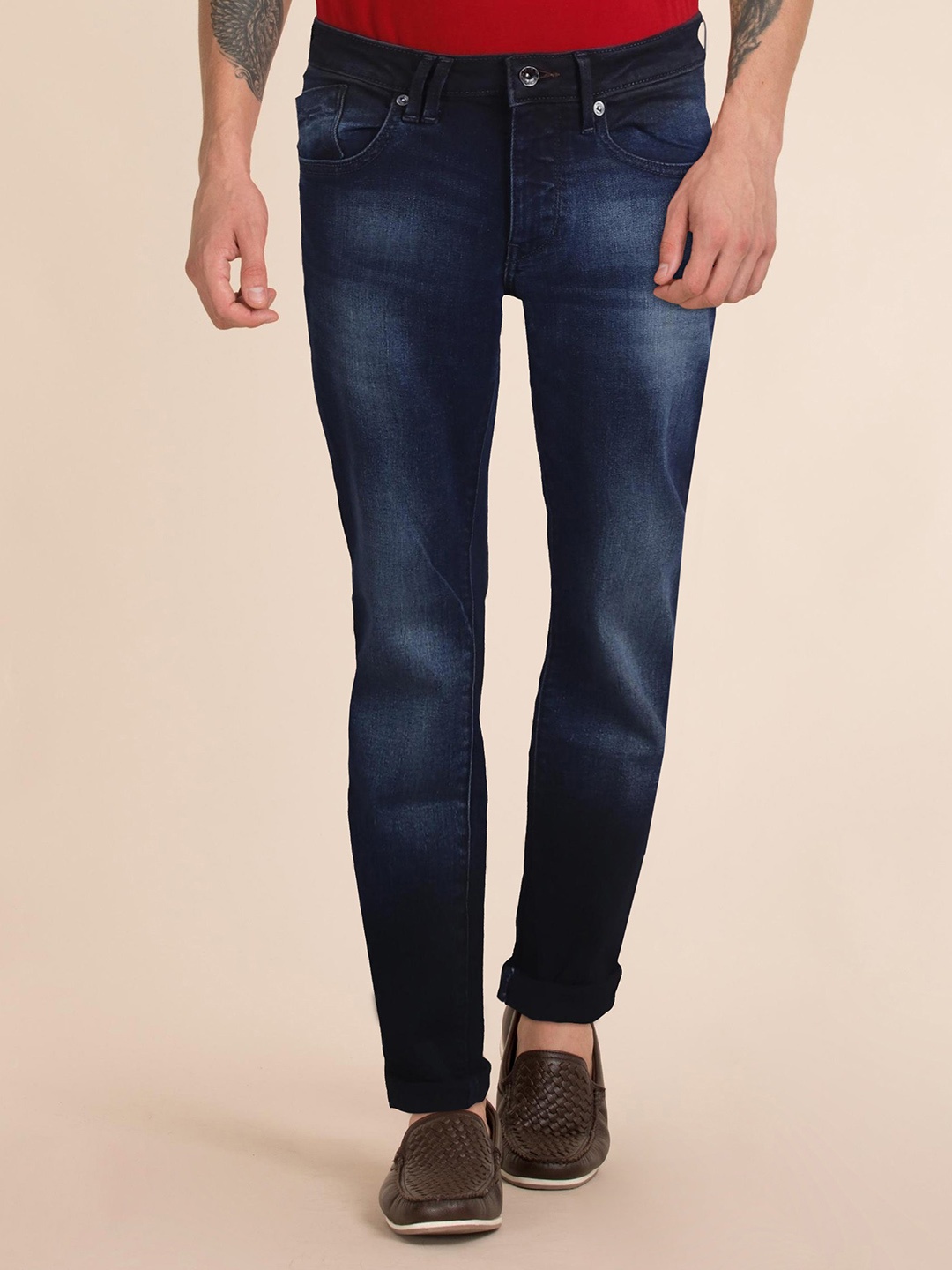 

Flying Machine Men Navy Blue Skinny Fit Low-Rise Light Fade Stretchable Jeans