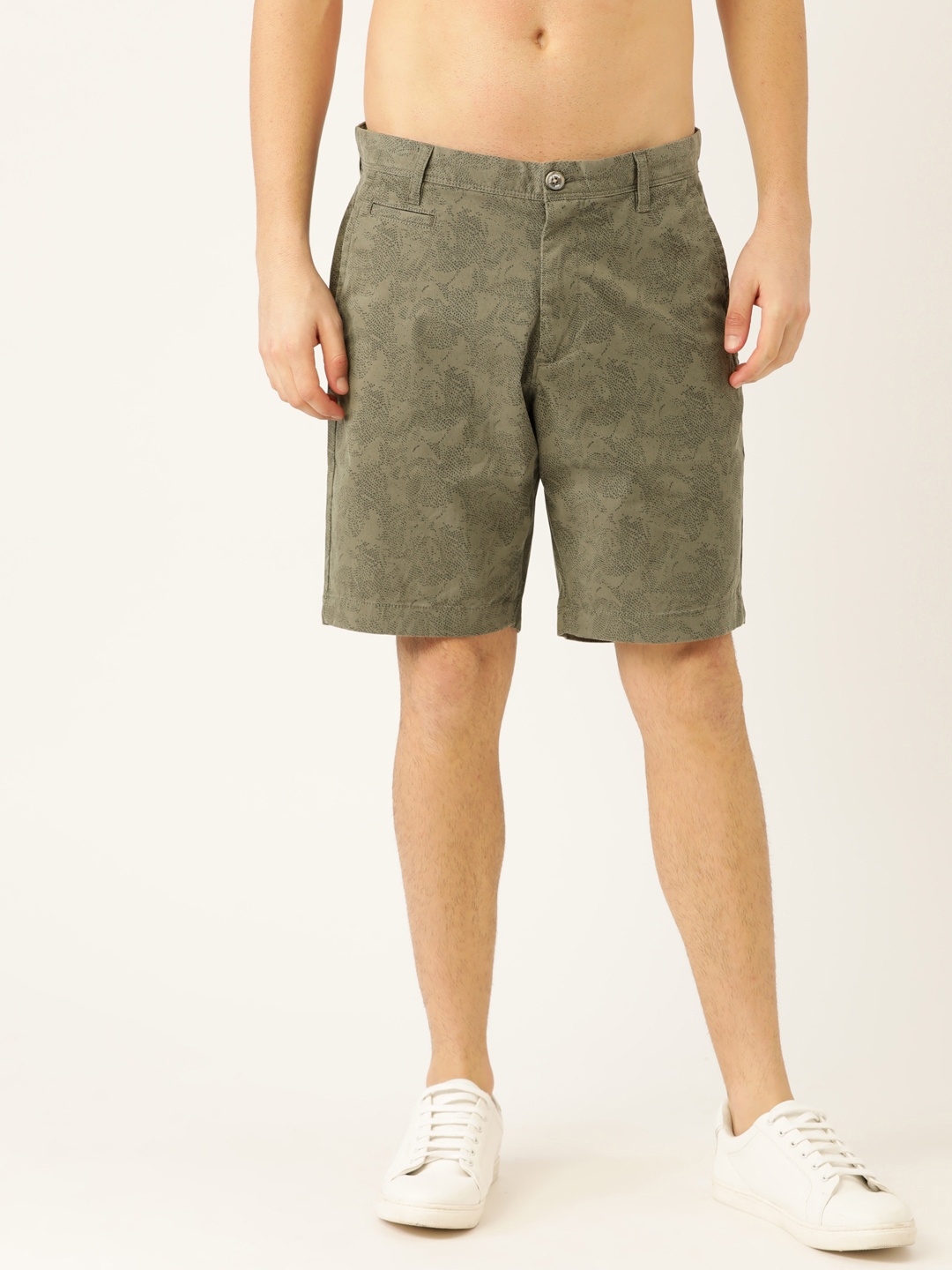 

Flying Machine Men Olive Green Abstract Printed Mid-Rise Regular Shorts