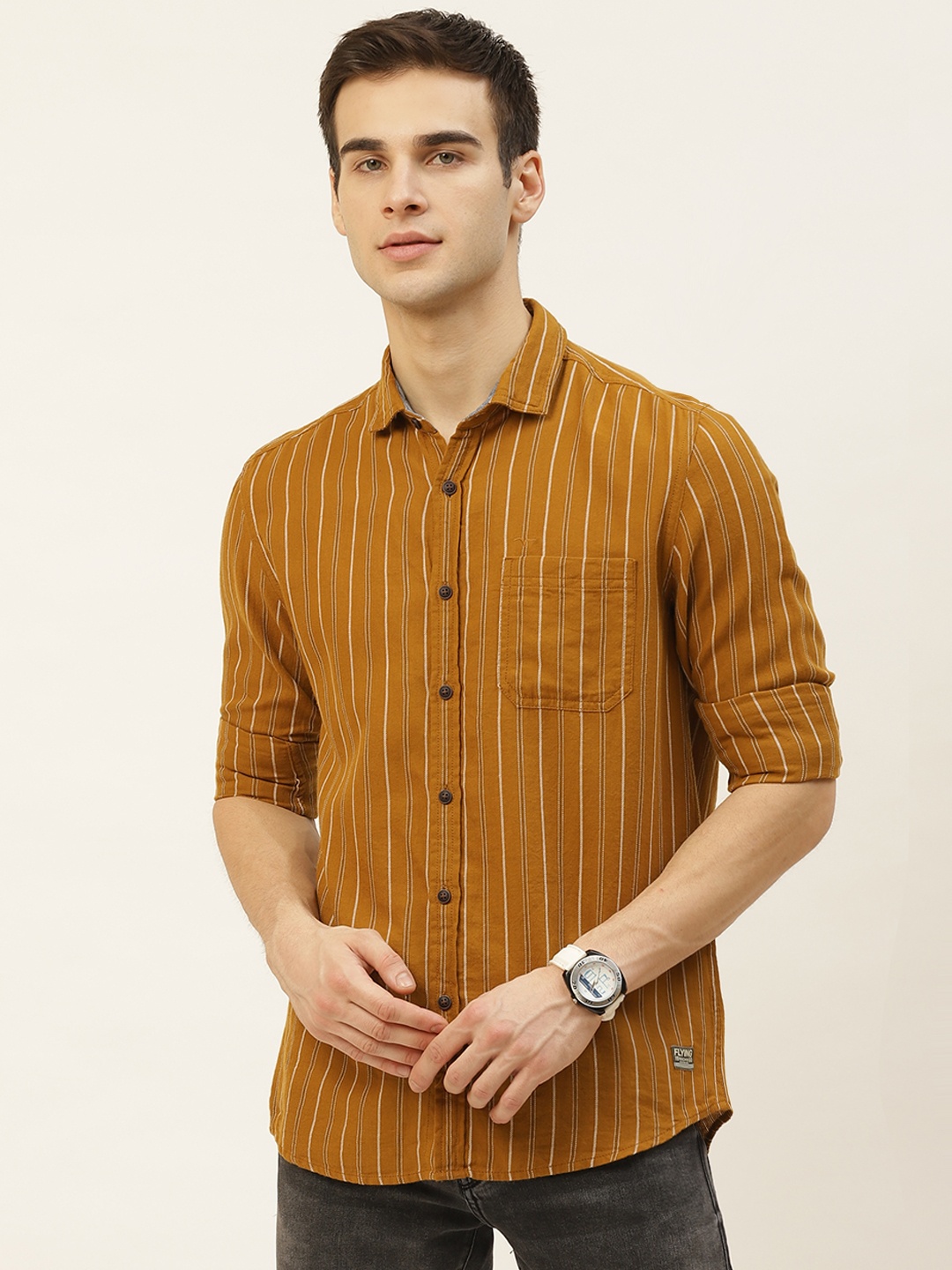 

Flying Machine Men Mustard Yellow & Off-White Cotton Slim Fit Striped Casual Shirt