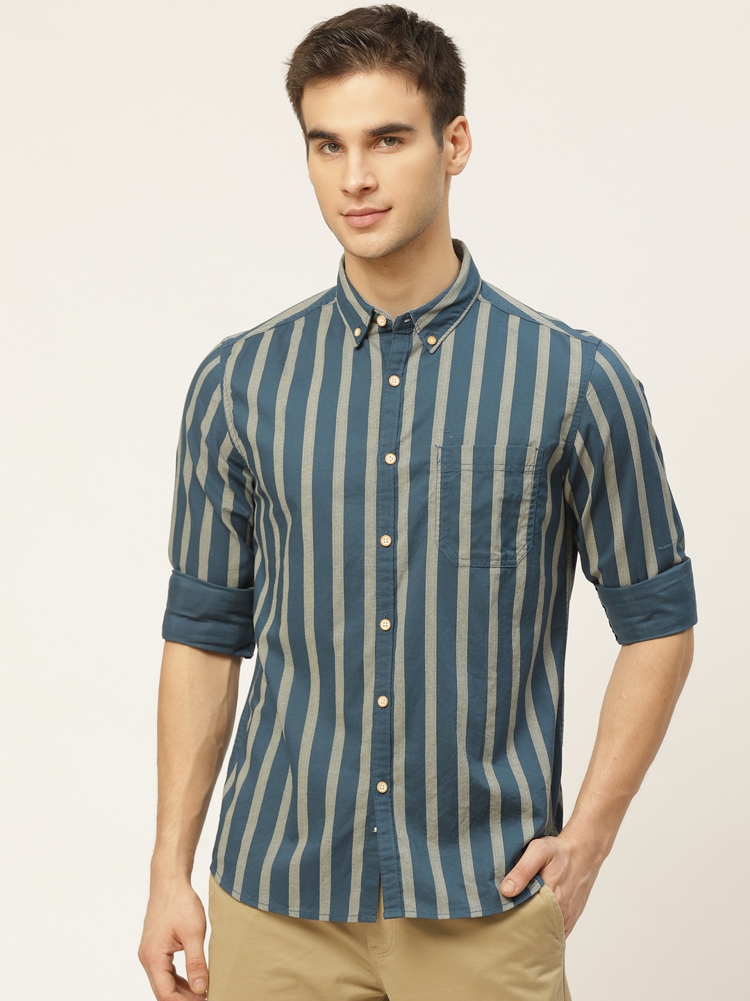 

Flying Machine Men Teal Blue & Beige Slim Fit Striped Casual Shirt