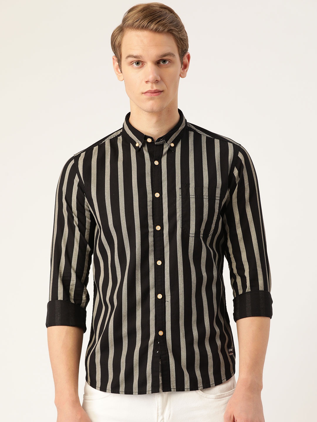 

Flying Machine Men Black Slim Fit Striped Cotton Casual Shirt