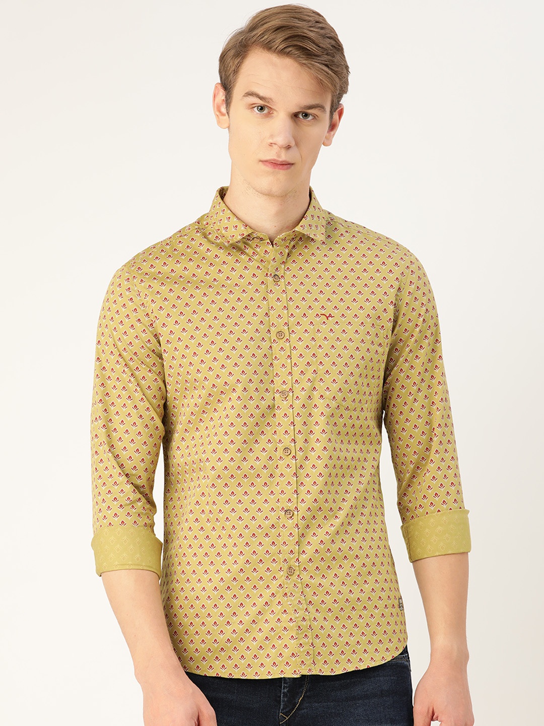 

Flying Machine Men Khaki & Red Pure Cotton Slim Fit Printed Casual Shirt