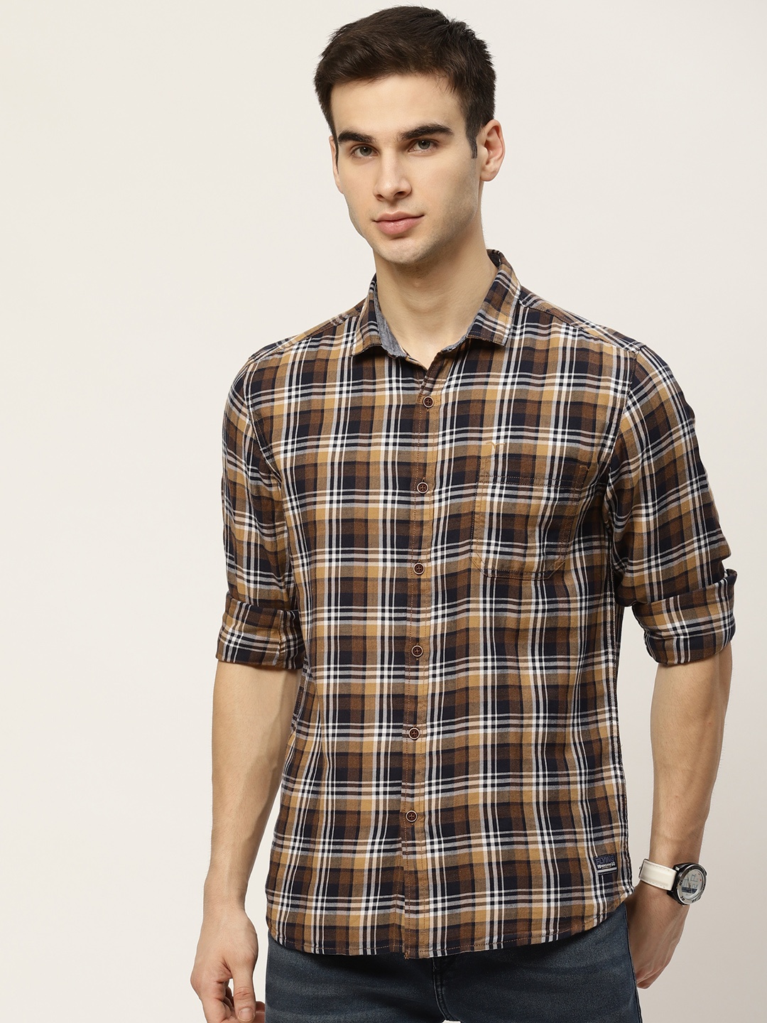 

Flying Machine Men Brown & White Slim Fit Checked Casual Shirt