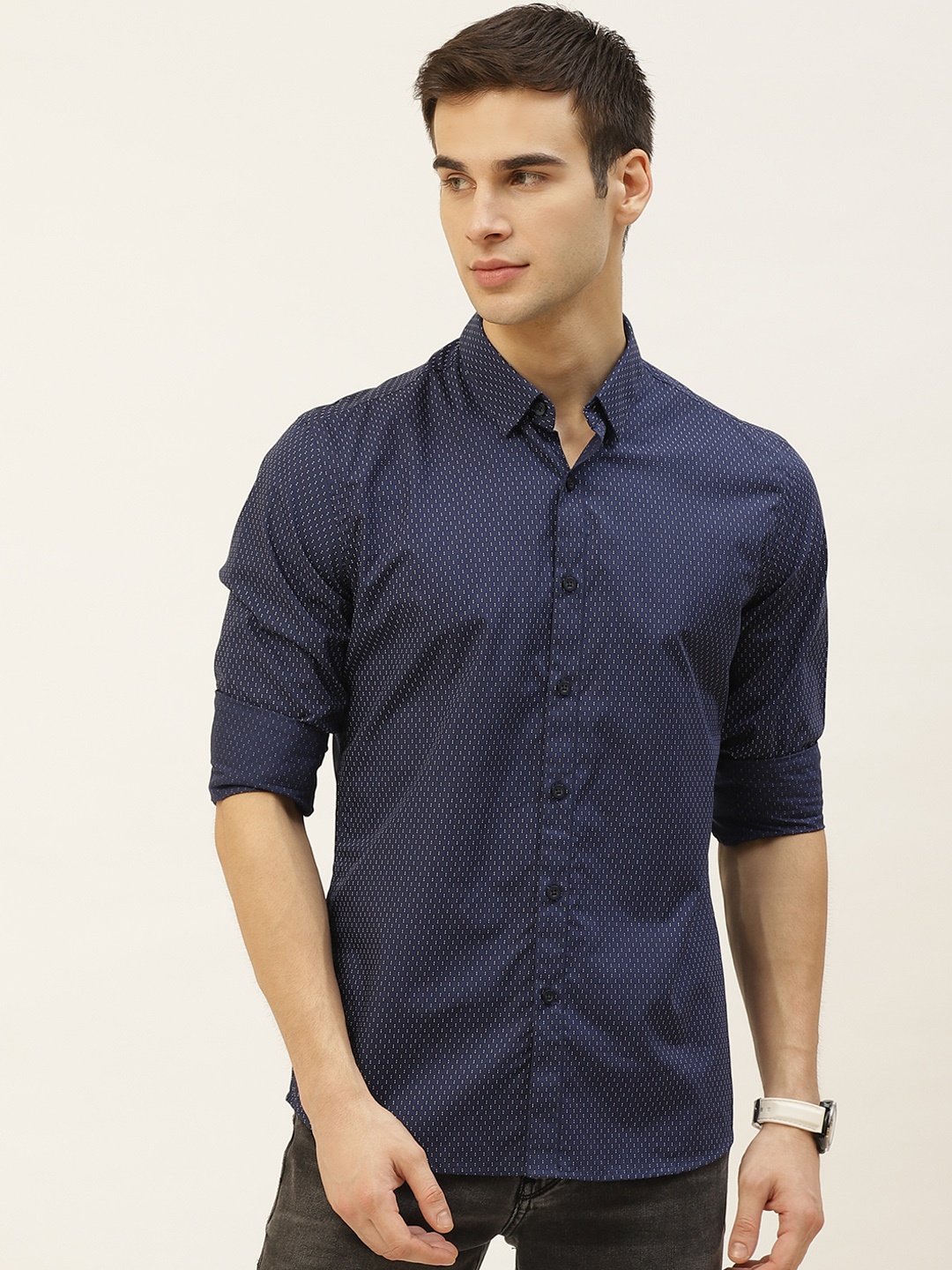 

Flying Machine Men Navy Blue & Off-White Cotton Slim Fit Disty Printed Casual Shirt