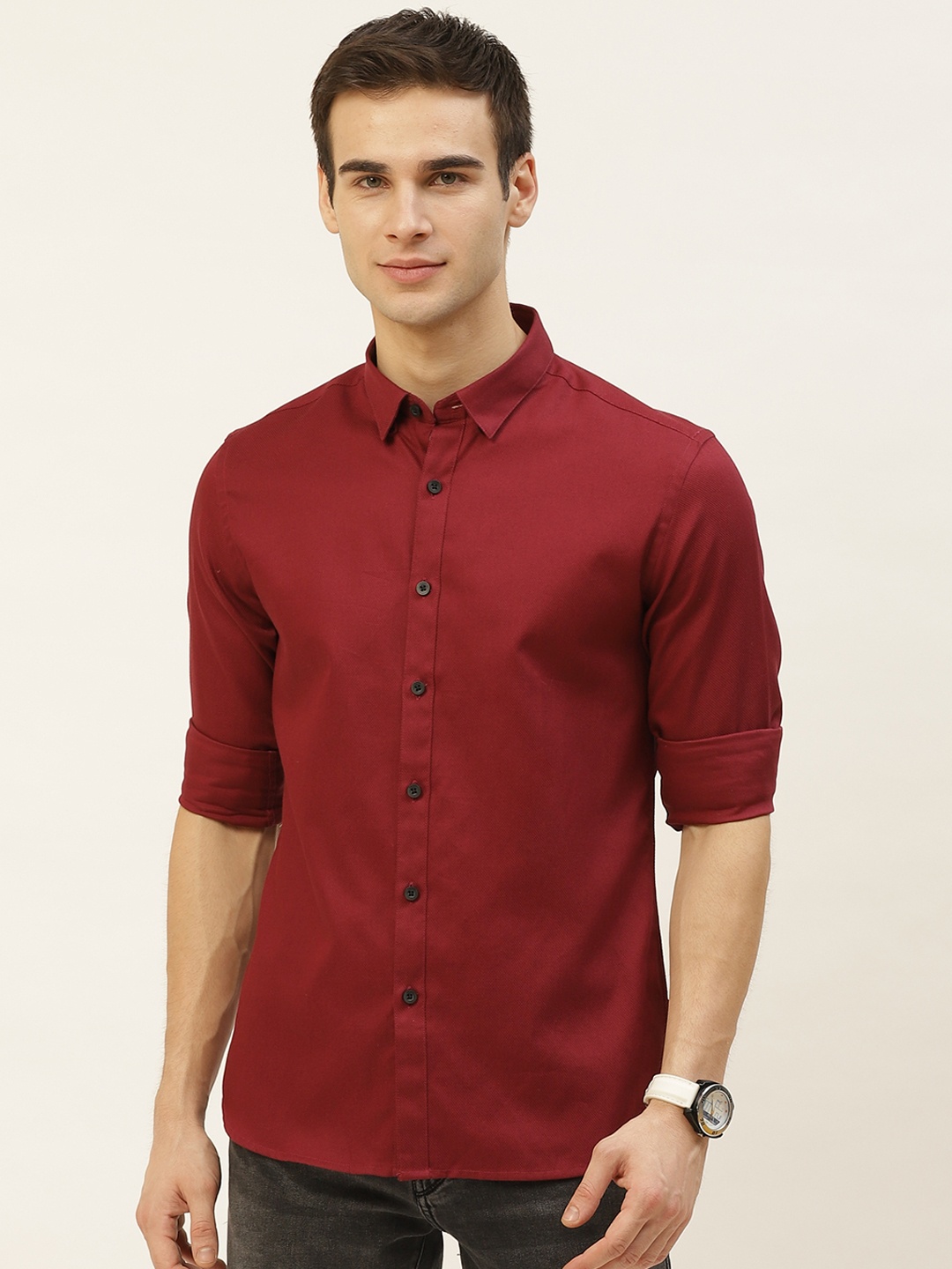 

Flying Machine Men Maroon Cotton Slim Fit Solid Casual Shirt