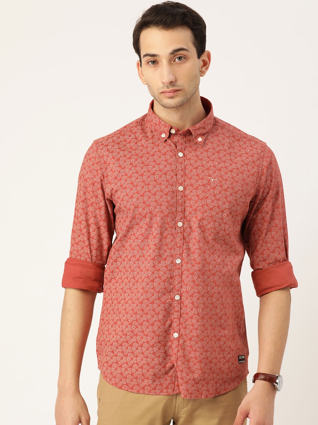 

Flying Machine Men Rust Red & White Slim Fit Printed Cotton Casual Shirt