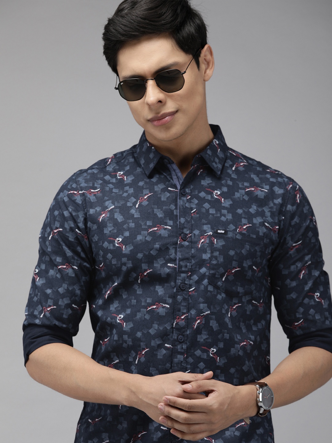 

SPYKAR Men Navy Blue Slim Fit Opaque Printed Casual Shirt