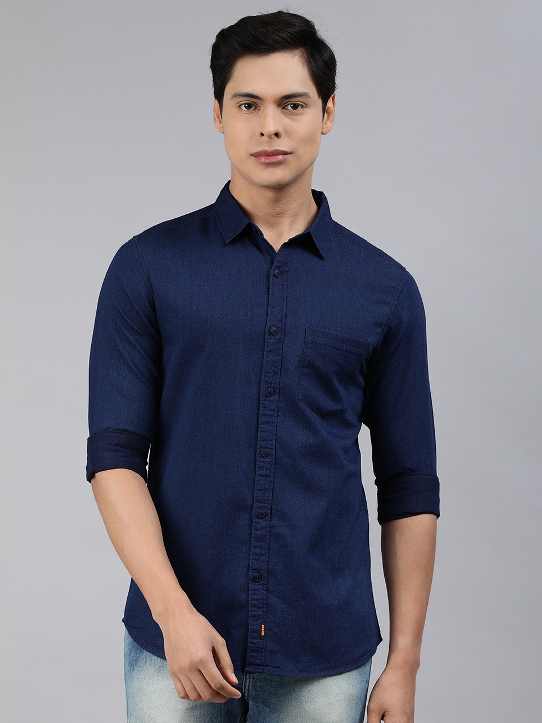 

SPYKAR Men Navy Blue Solid Slim Fit Pure Cotton Casual Shirt