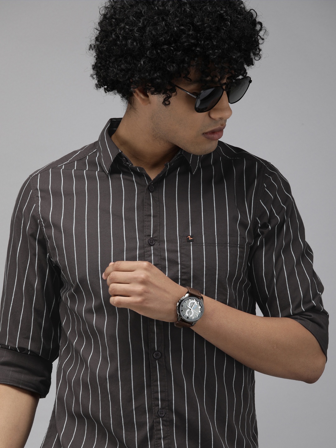 

SPYKAR Men Brown & White Slim Fit Opaque Striped Casual Shirt