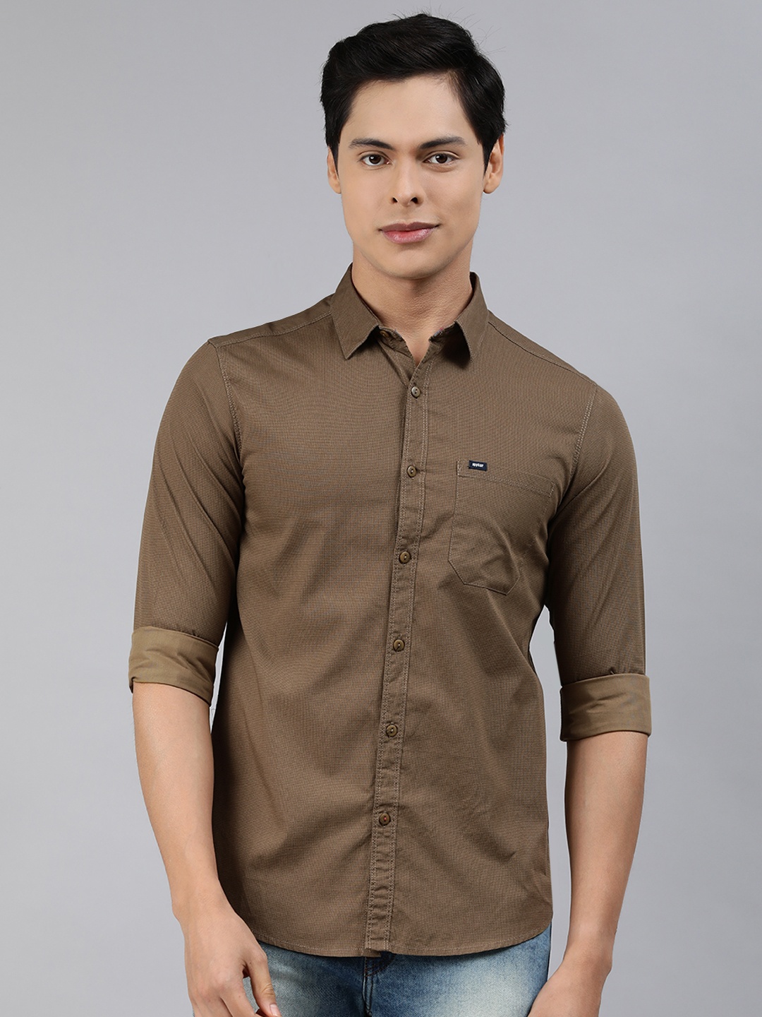 

SPYKAR Men Brown Self Design Slim Fit Pure Cotton Casual Shirt