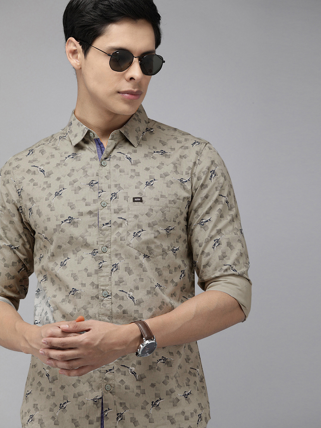 

SPYKAR Men Grey & Blue Slim Fit Opaque Printed Casual Shirt