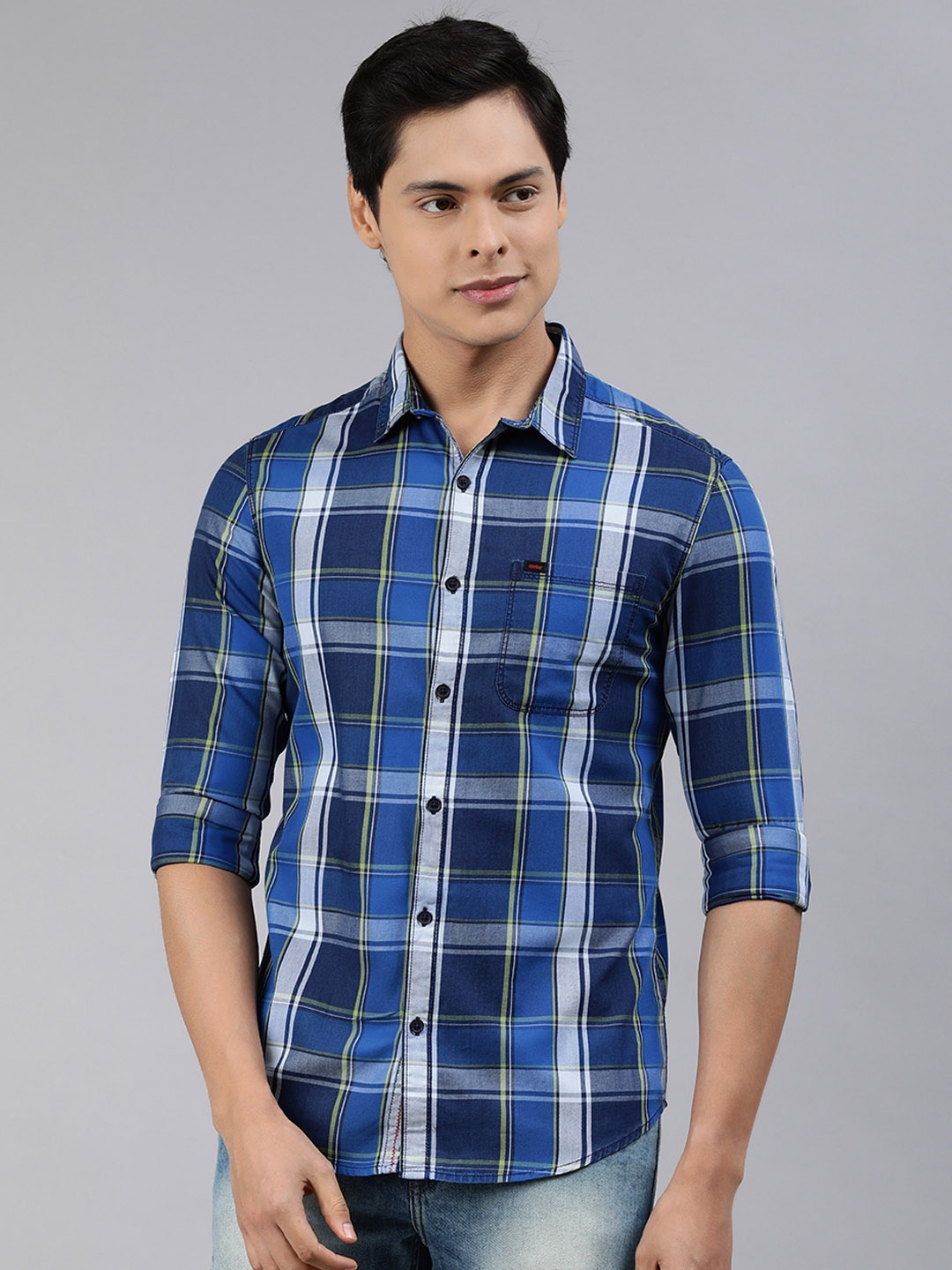 

SPYKAR Men Blue & White Slim Fit Tartan Checks Checked Pure Cotton Casual Shirt