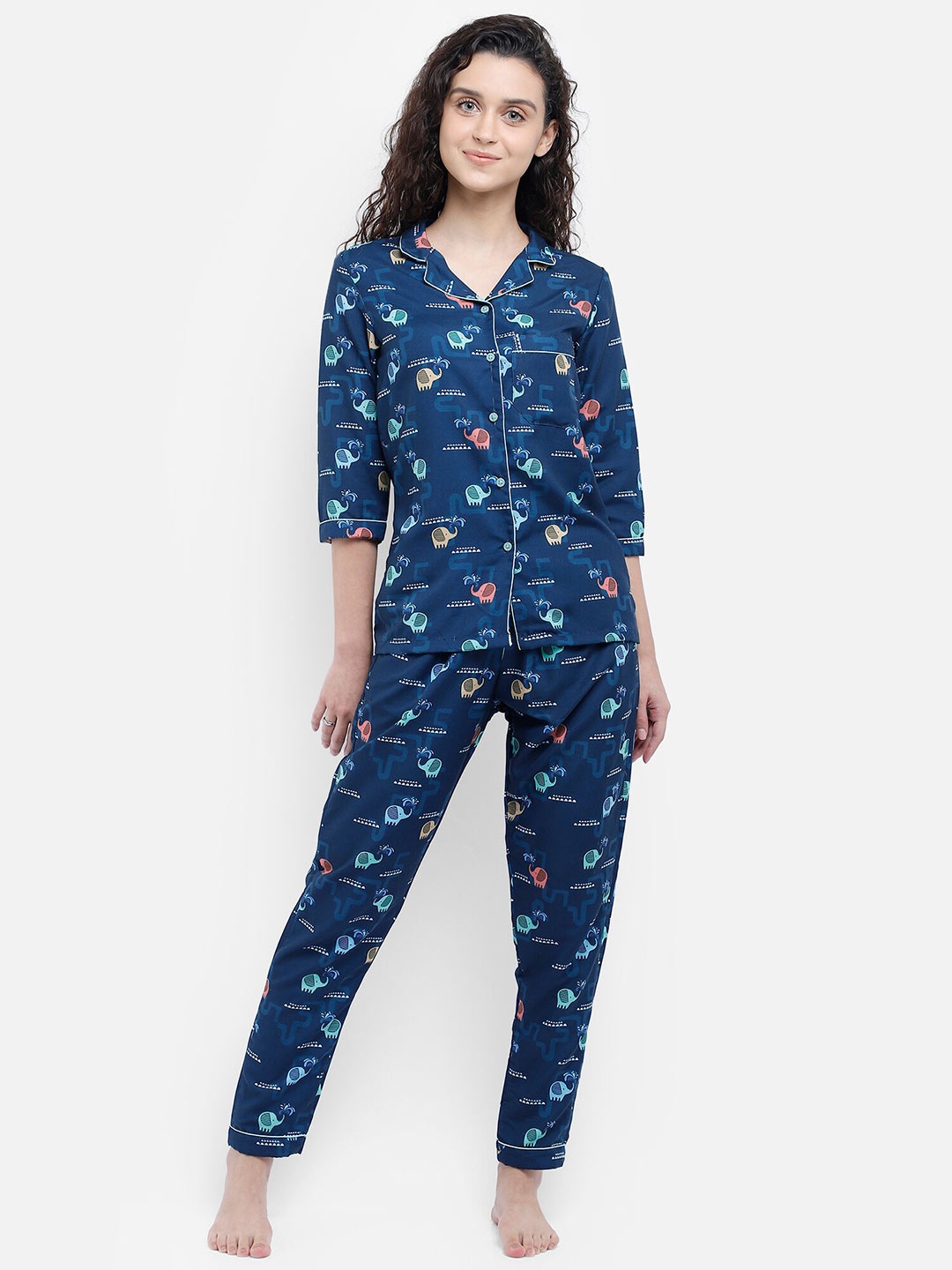 

Bellofox Women Blue & Brown Printed Night suit