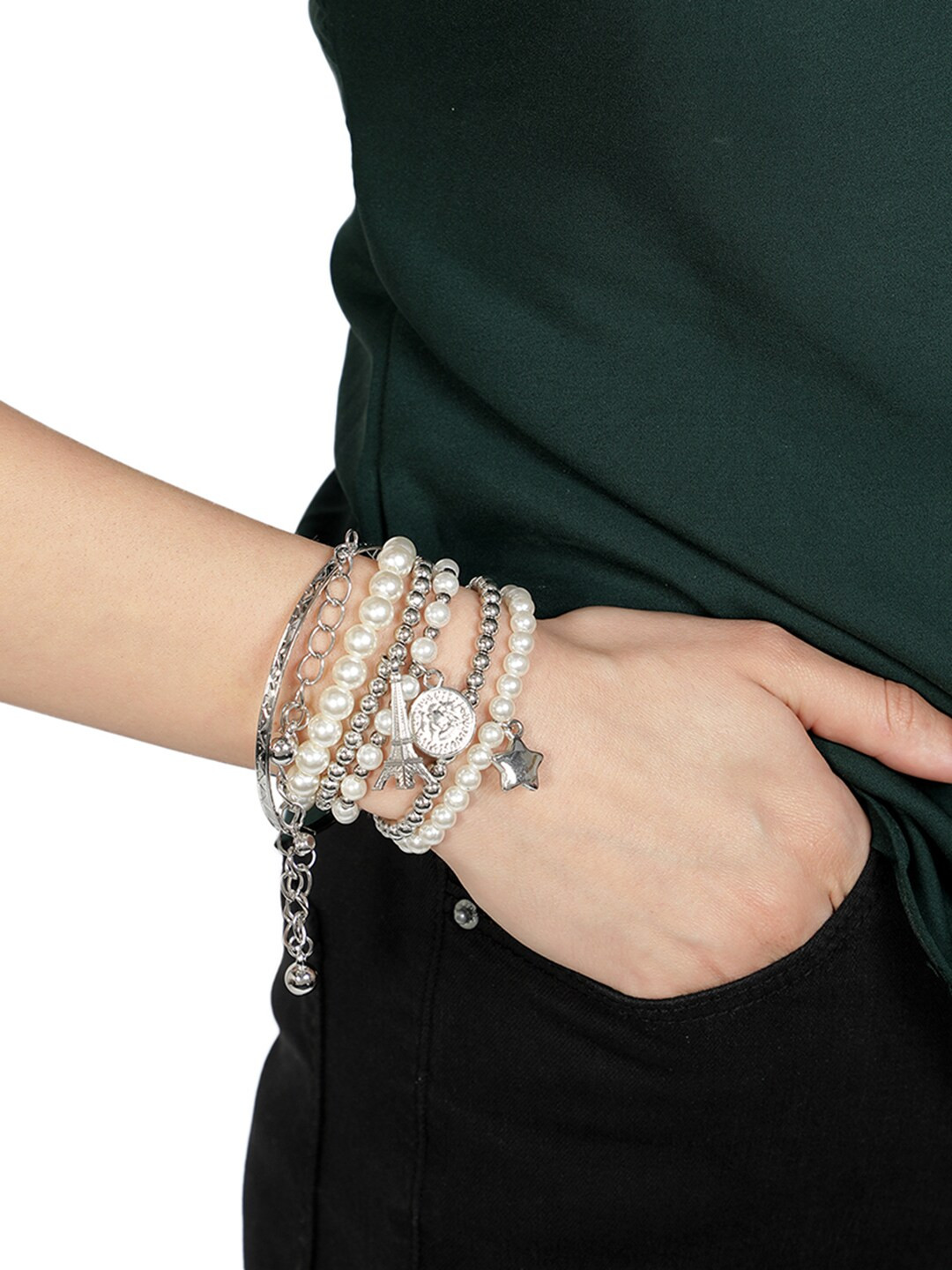 

AQUASTREET Set Of 6 Silver-Plated Elasticated Charms Bracelets