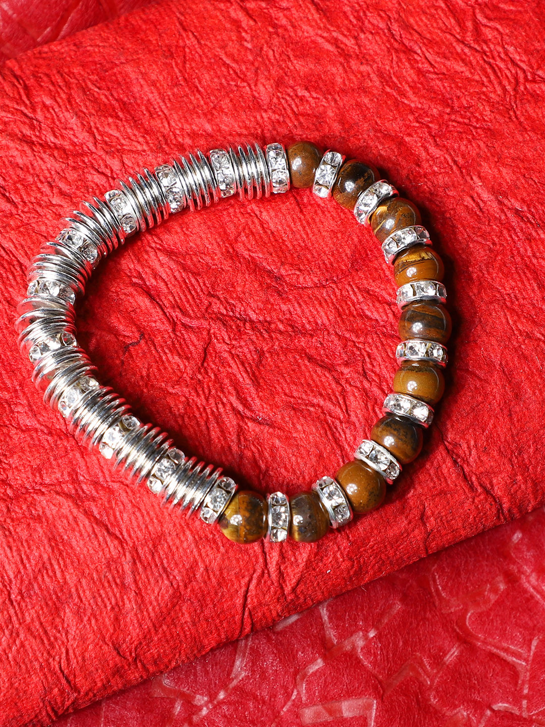 

AQUASTREET Men Brown & Silver-Toned Alloy Handcrafted Tiger Eye Beaded Bracelet
