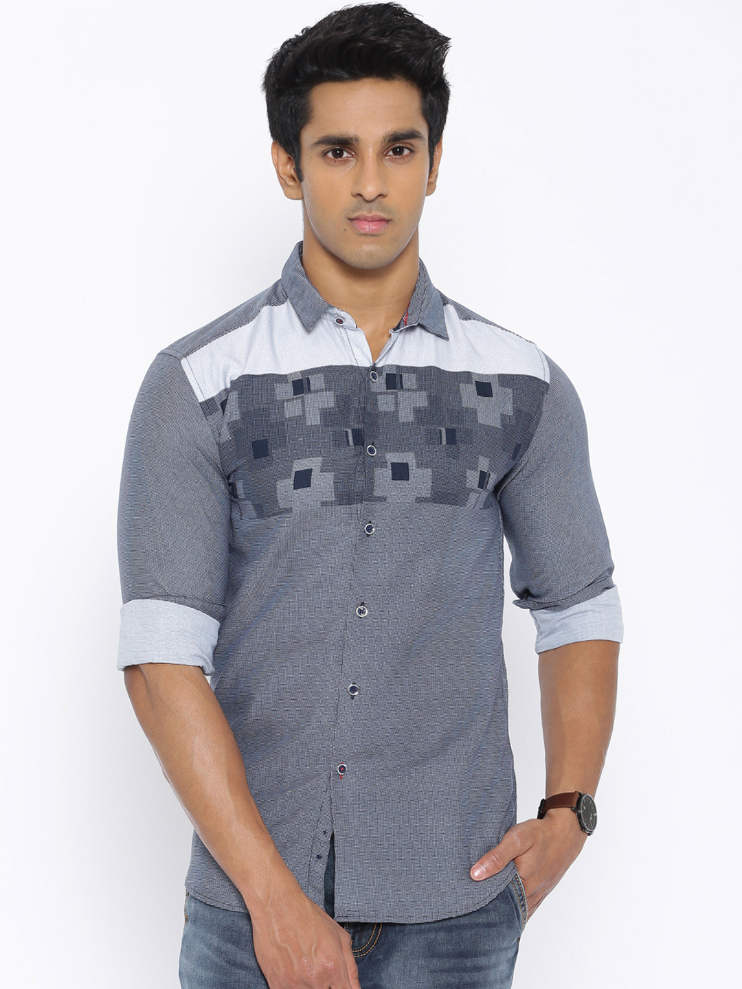 

Locomotive Navy Printed Slim Fit Casual Shirt, Navy blue