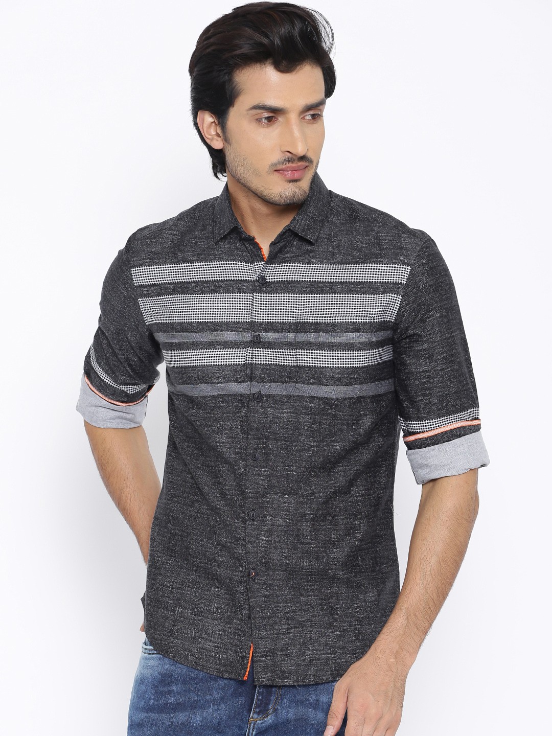 

Locomotive Charcoal Grey Striped Slim Casual Shirt