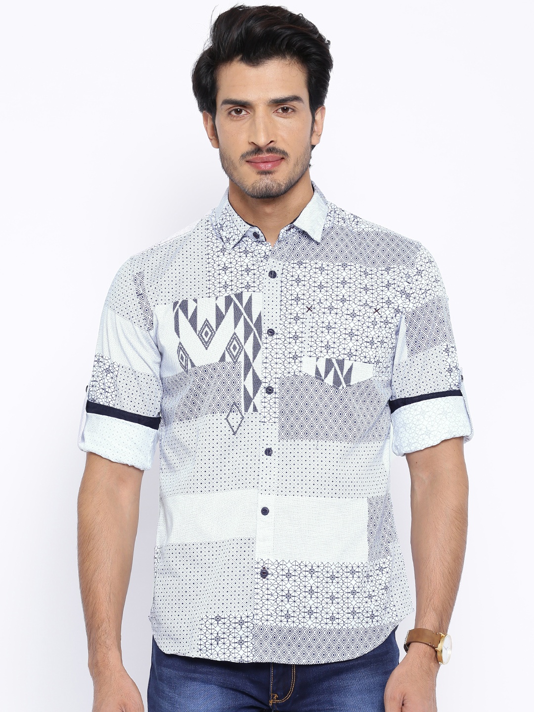 

Locomotive Navy & White Slim Fit Printed Casual Shirt, Navy blue