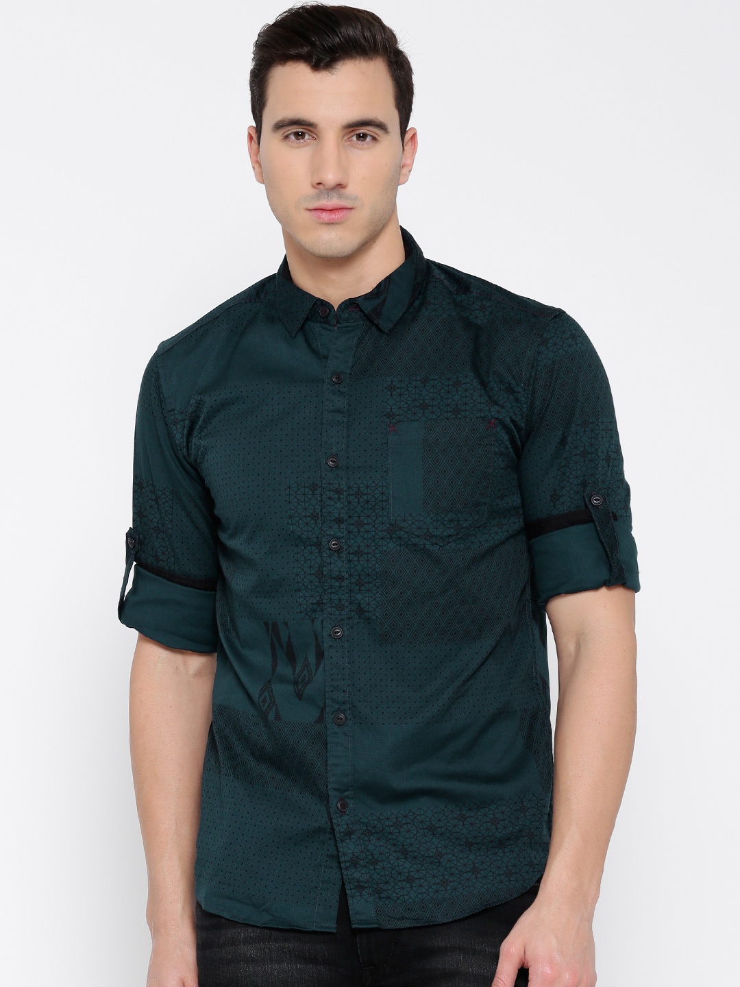 

Locomotive Navy Printed Slim Fit Casual Shirt, Navy blue