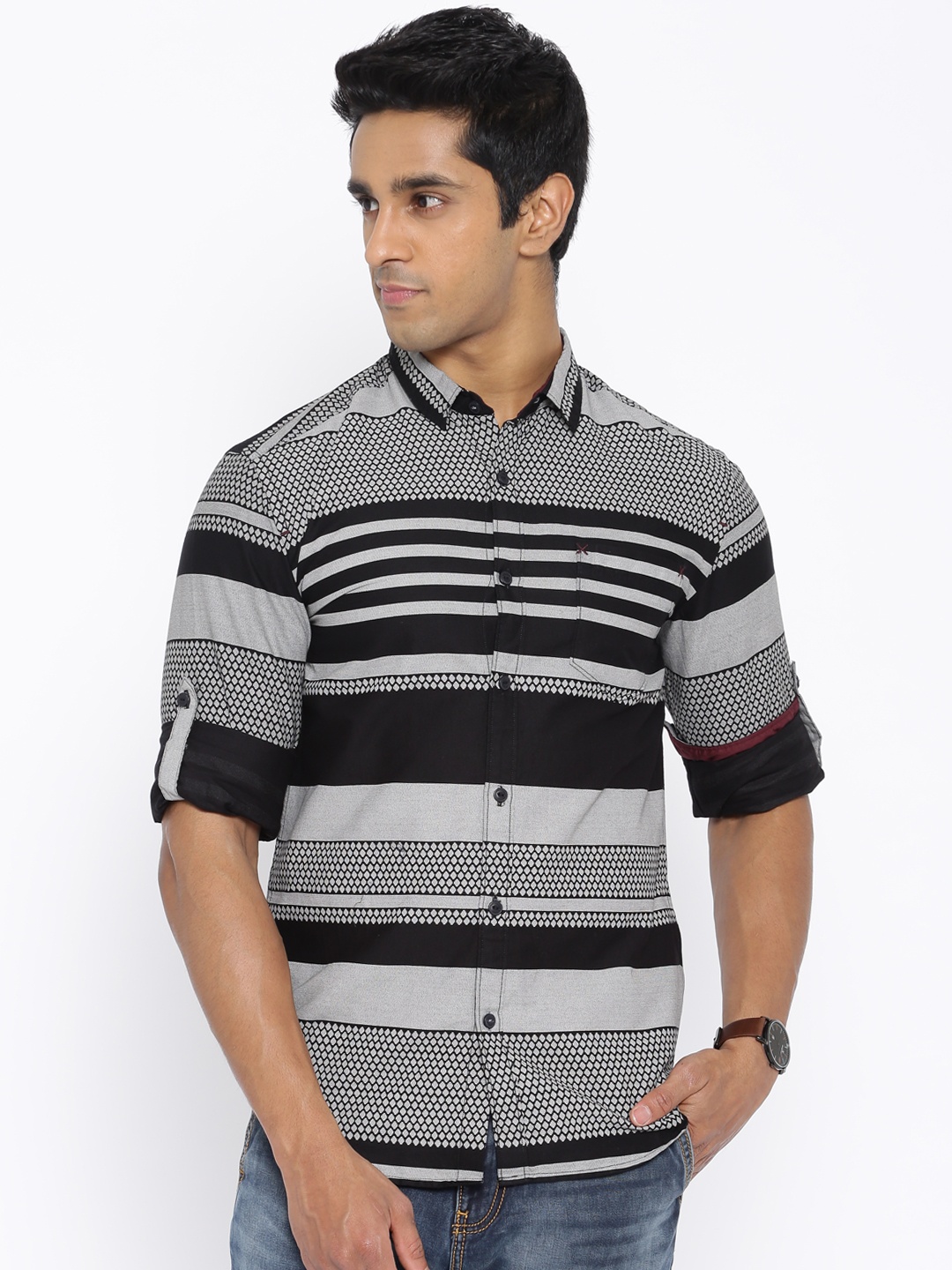 

Locomotive Black & Grey Striped Slim Fit Casual Shirt