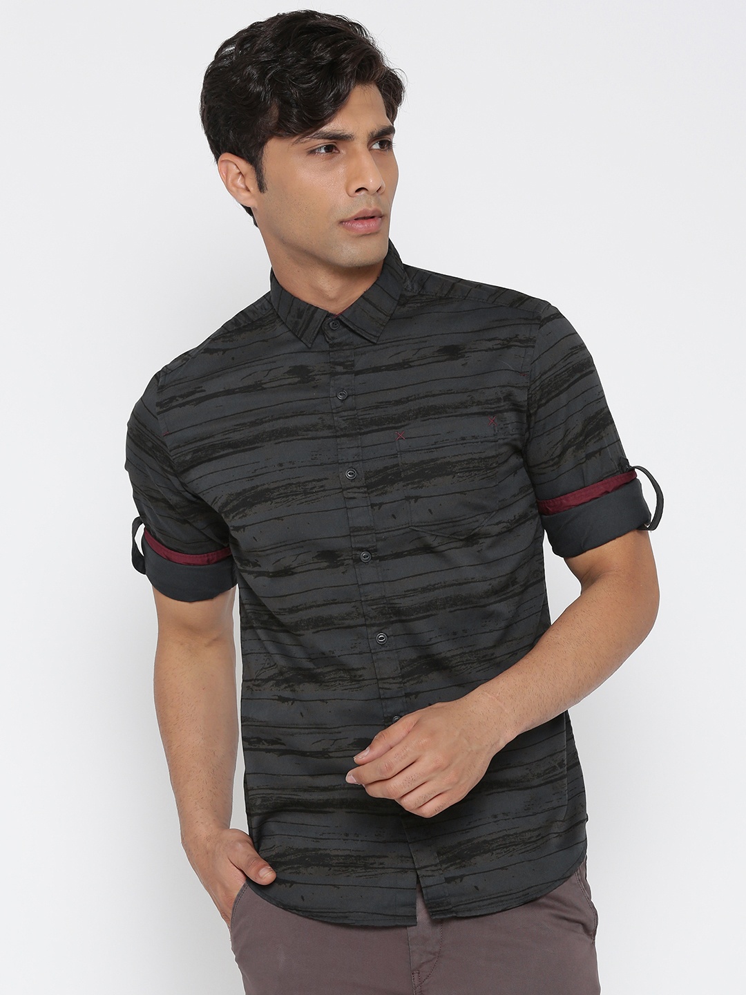 

Locomotive Charcoal Grey Printed Slim Fit Casual Shirt