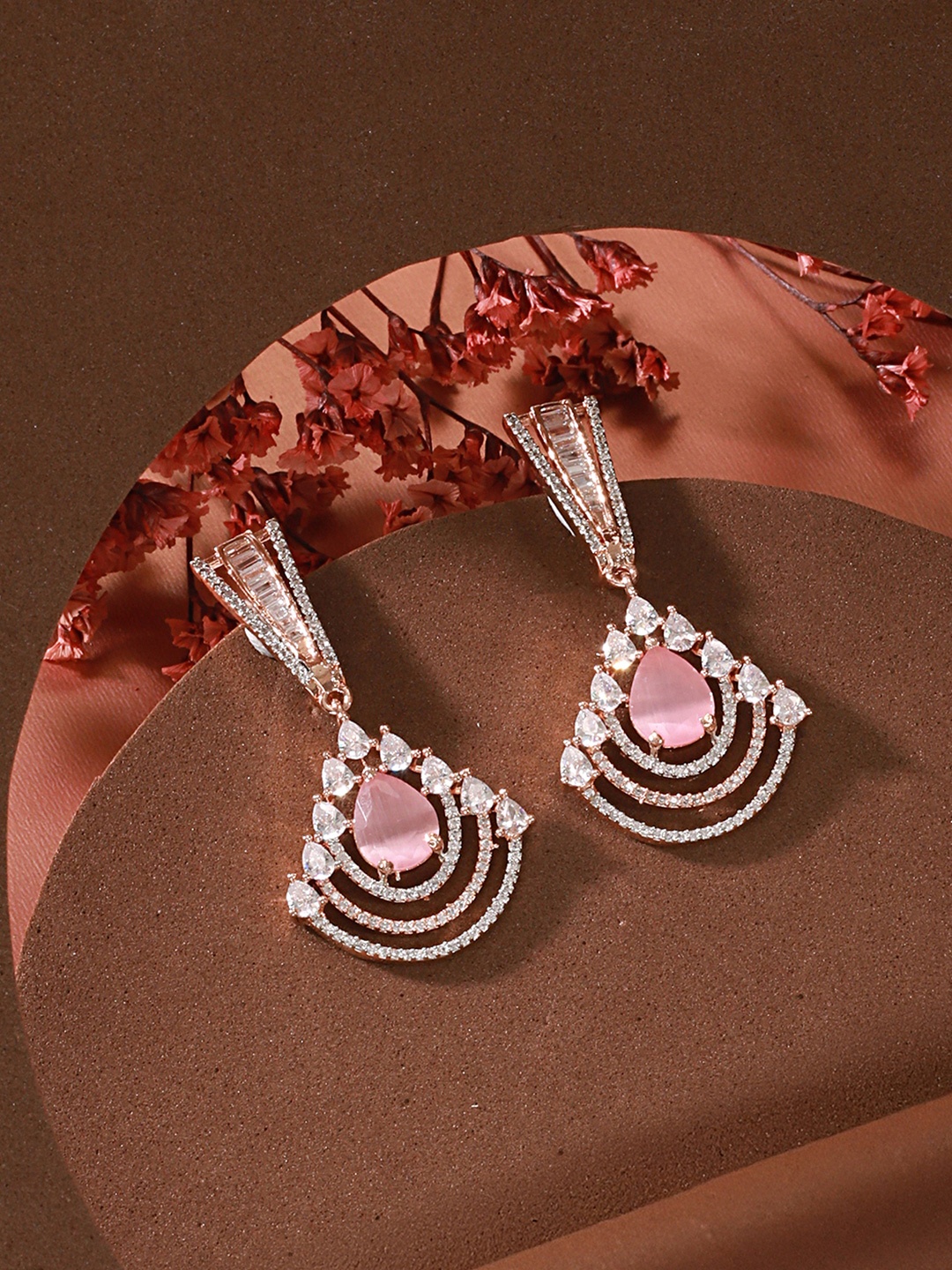 

Saraf RS Jewellery Pink & Rose Gold-Plated Triangular Drop Earrings