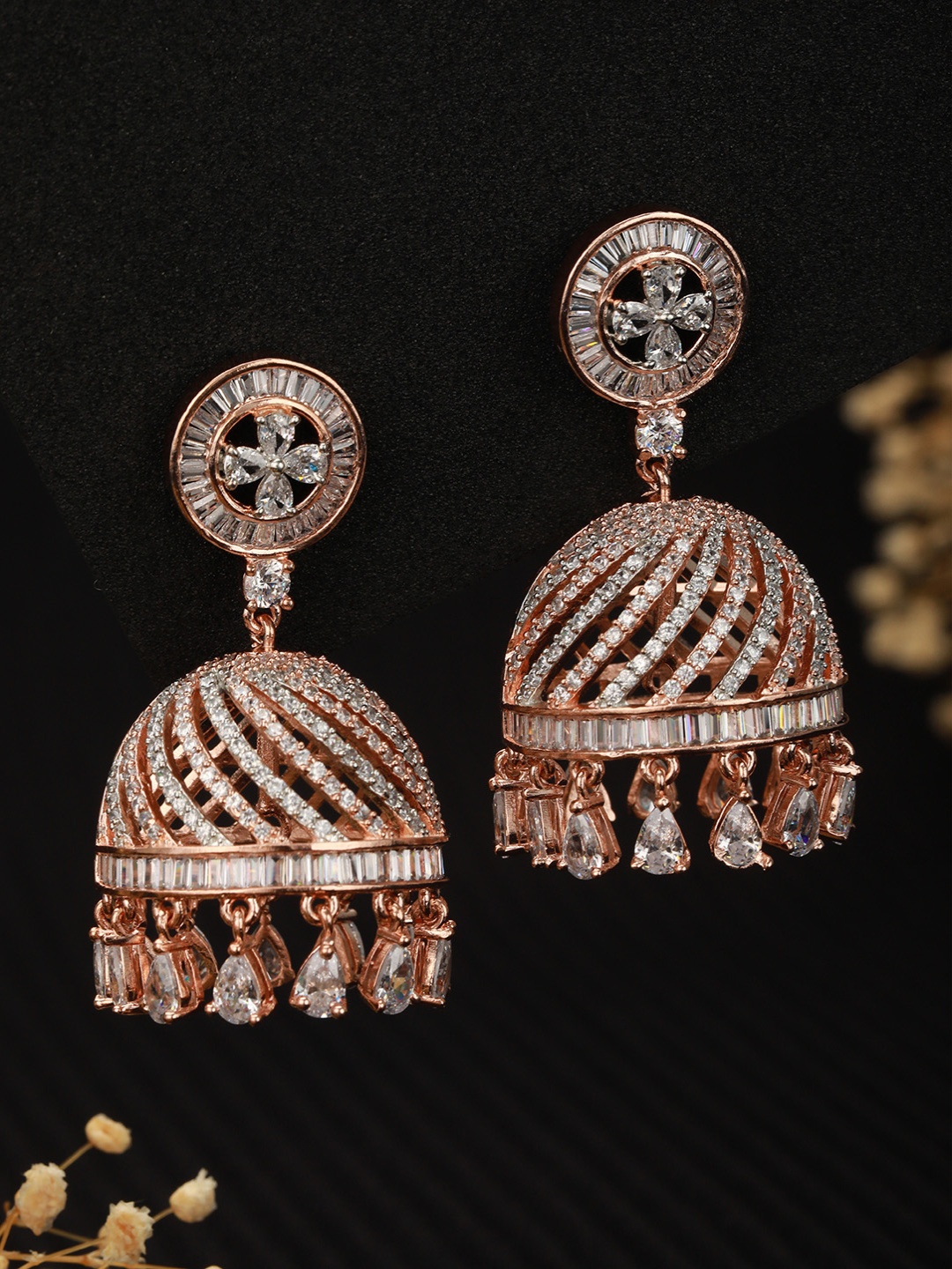 

Saraf RS Jewellery Rose Gold-Plated & White AD Dome Shaped Jhumkas