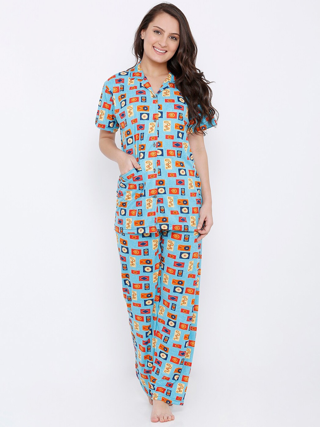 

Pretty Awesome Women Turquoise Blue & Orange Printed Night Suit