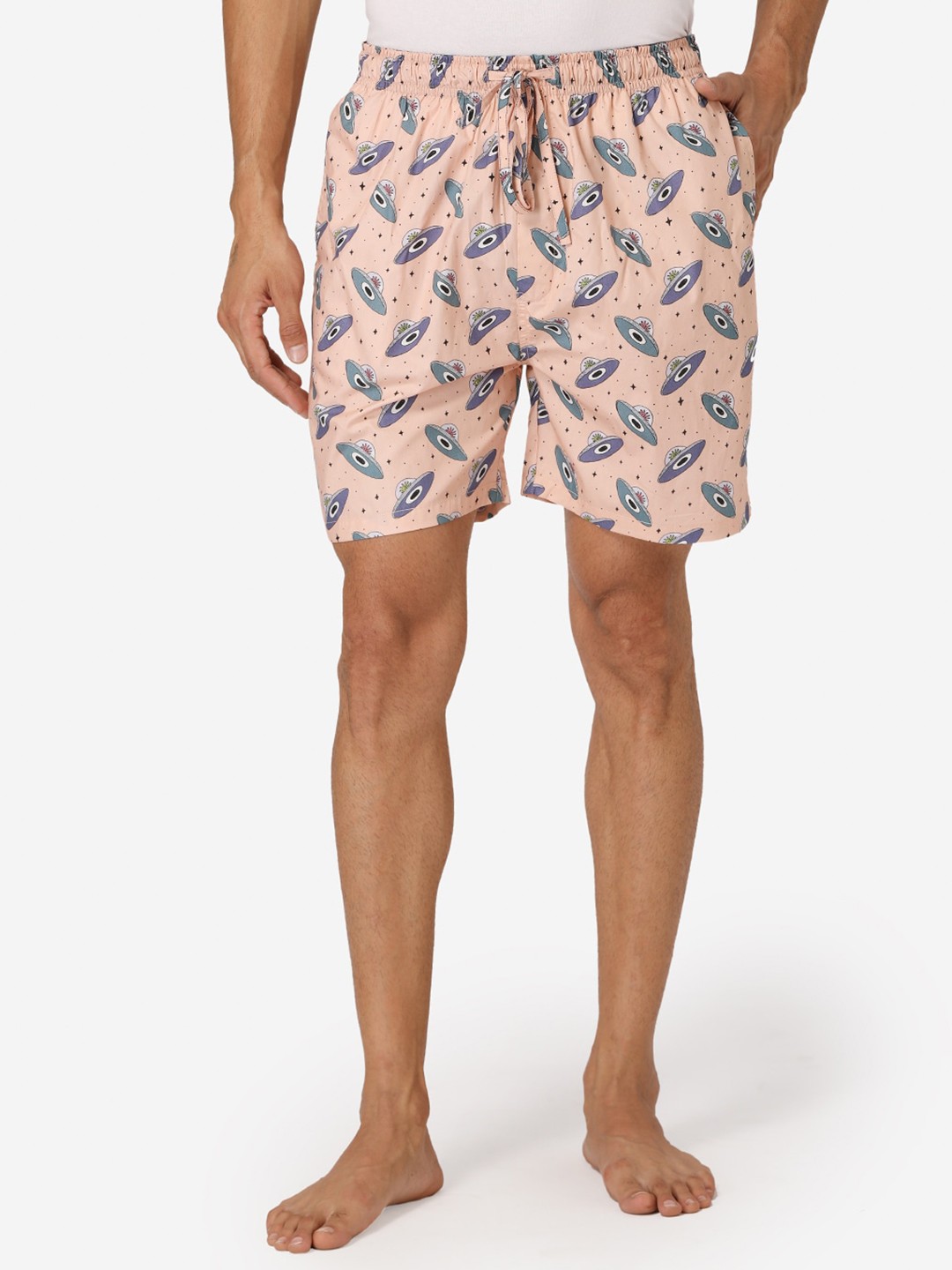 

Fluffalump Men Peach-Coloured & Grey Printed Lounge Shorts