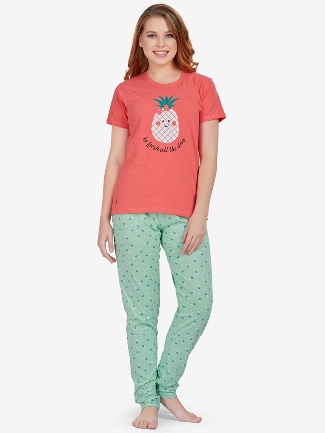 

Lenissa Women Coral & Green Printed Night suit