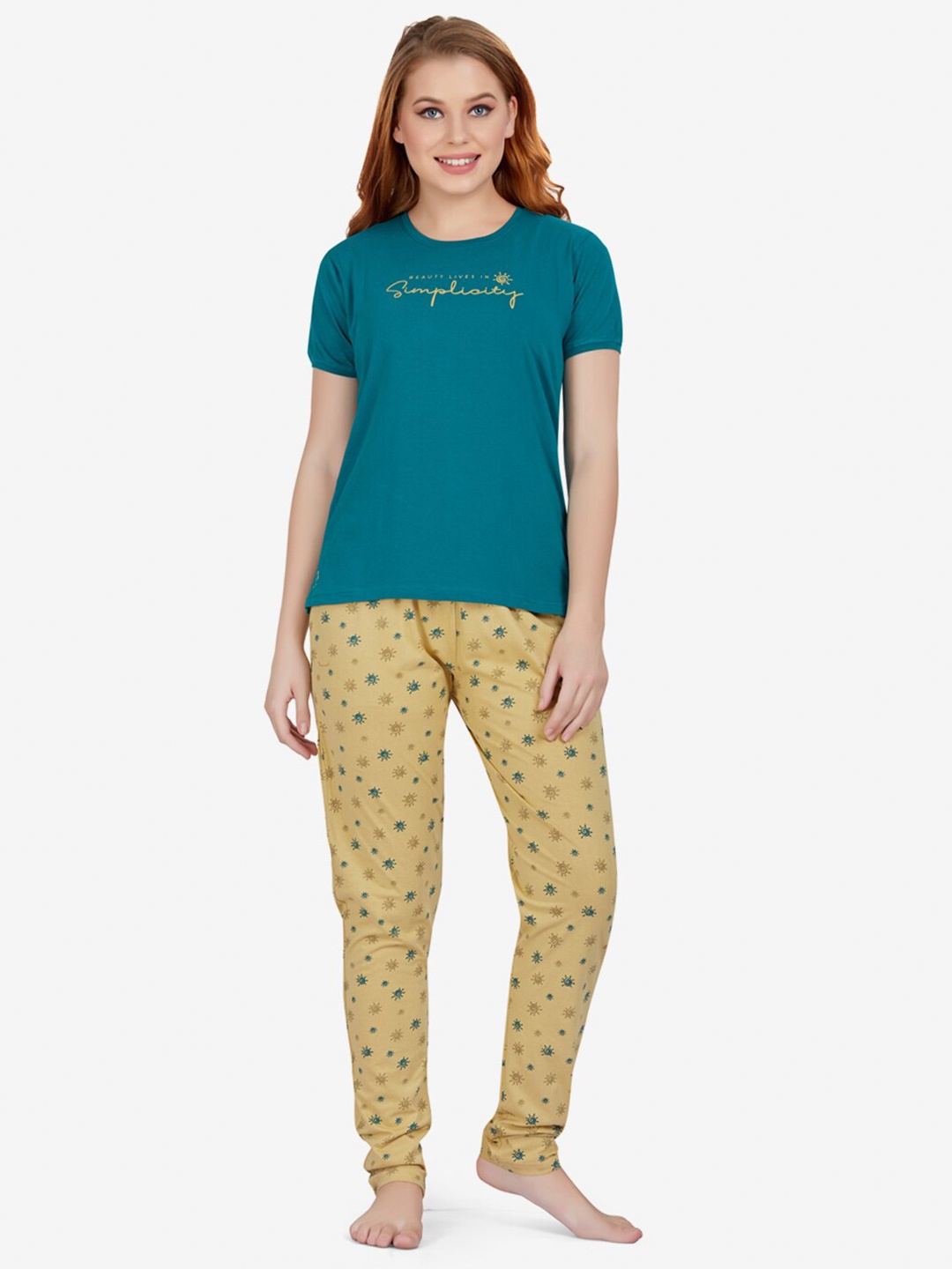 

Lenissa Women Teal & Beige Printed Night suit