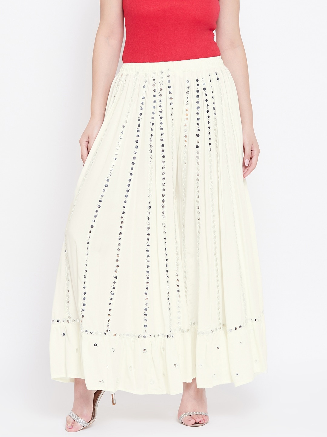 

TULIP 21 Women Off-White & Silver-Toned Mirror Work Flared Palazzos