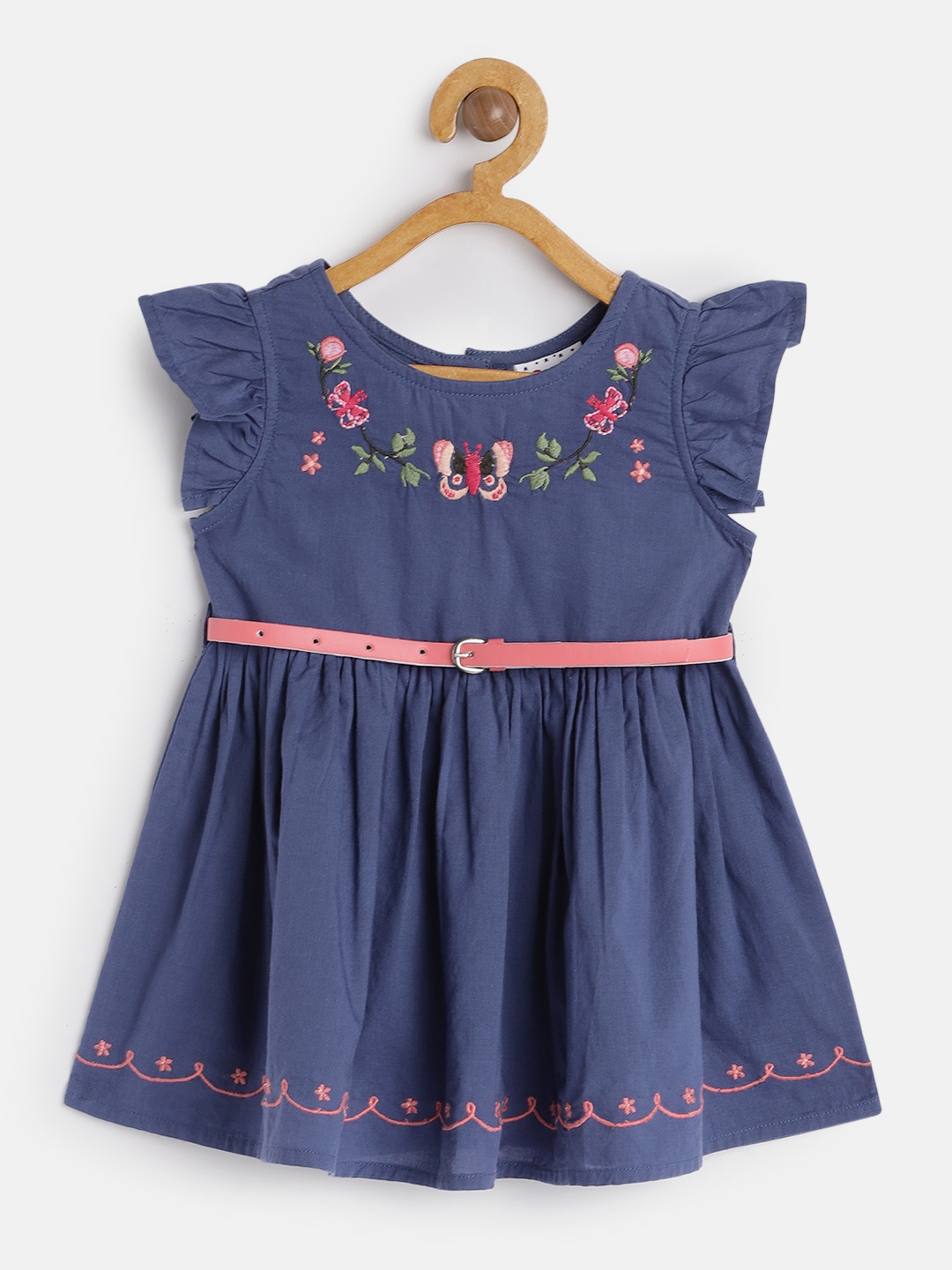 

Donuts Girls Blue Floral Embroidered Pure Cotton Fit And Flare Dress